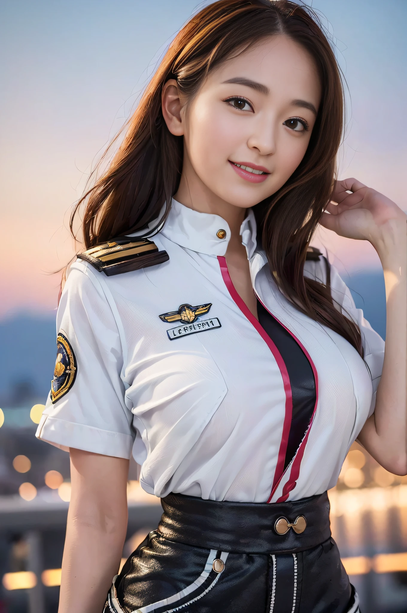 (Best quality, 8k, 32k, Masterpiece, UHD:1.2), (realistic:1.5), (masterpiece, Extremely detailed CG unity 8k wallpaper, best quality, highres:1.2), (ultra detailed, UHD:1.2), Photo of extremely cute and beautiful Japanese woman, (chestnut half-up hair:1.2), adult, (detailed beautiful girl:1.4), best quality, woman, adult, (pilot captain uniform:1.3), (white pilot captain shirt:1.5), (black high-waist shorts:1.3), (Beautiful night racing circuit view background:1.2), embarrassed laughing:1, looking at viewer, facing the viewer, ((perfect female body)), (narrow waist:1.2), (upper body image:1.3), slender, abs, (large breasted:1.25), frame the head,