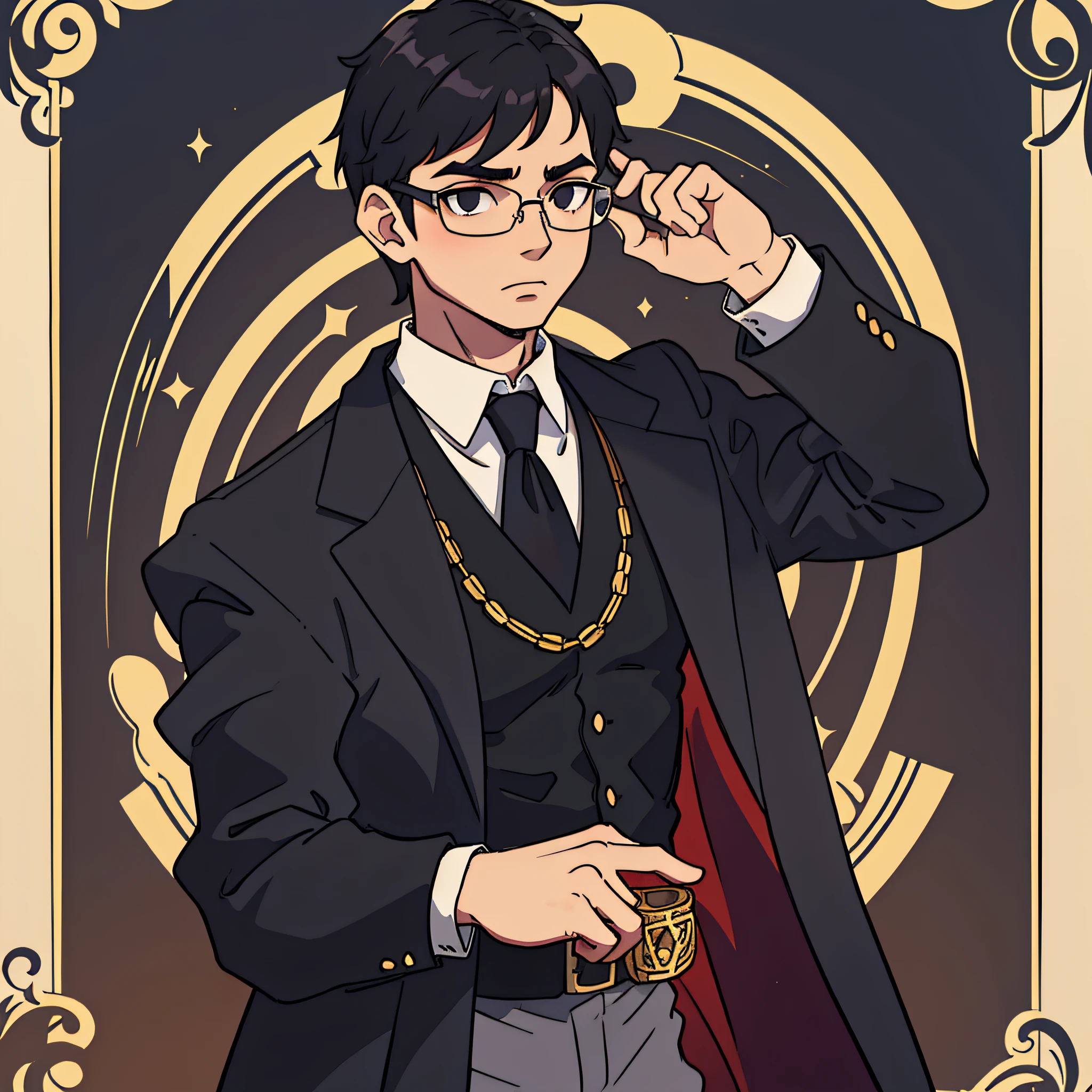 Light skinned, wears nerdy glasses with black frame, black hair, a bit of dark circles, lean physique with little muscle worn a formal outfit of a medieval nobleman