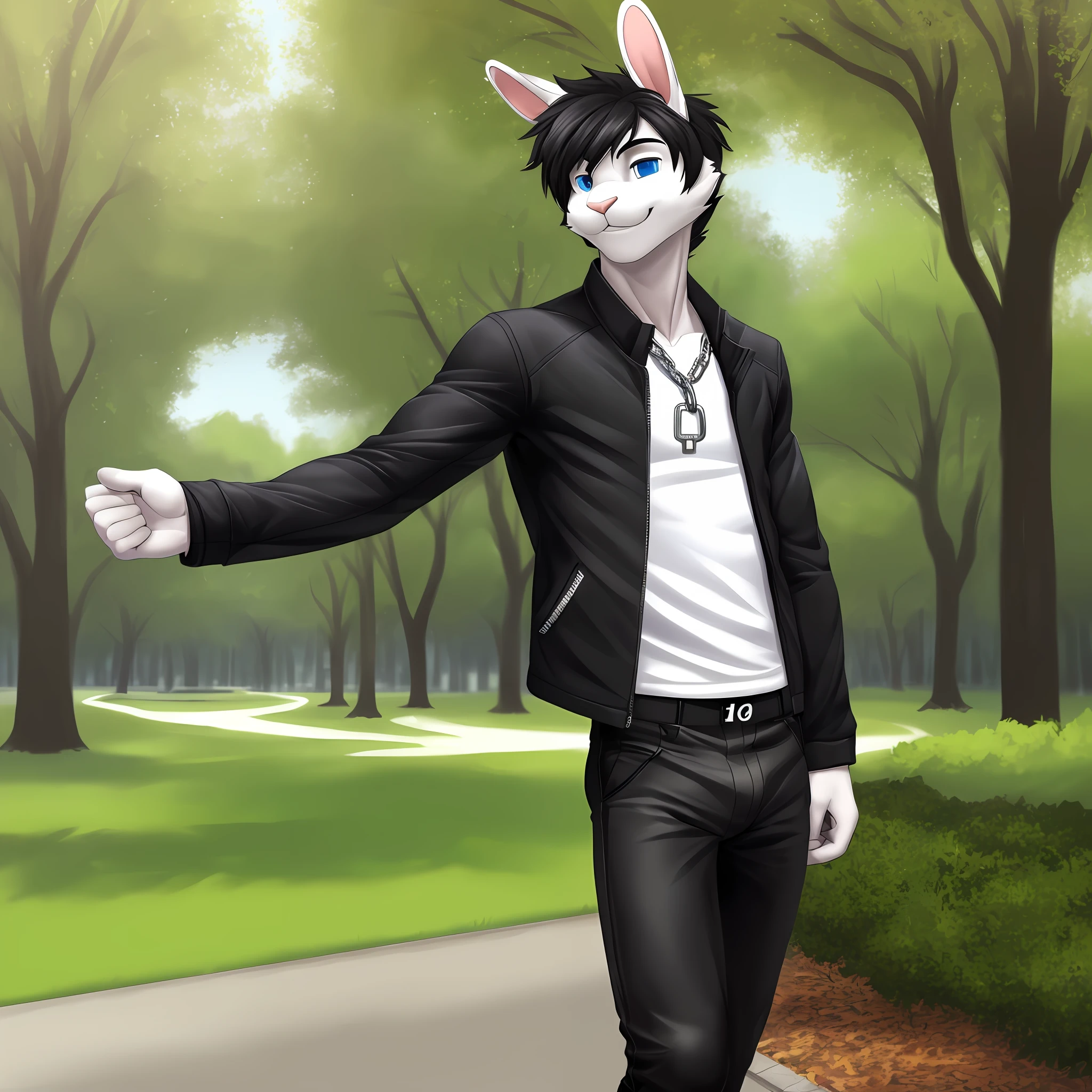 (Best quality: 1.0), (Super High Resolution: 1.0), anthro, white rabbit, bulge, short black hair, blue eyes, white shirt and black jacket black glued pants with chain in pocket, solo, smiling, in park at noon, solo, no group, no extra person, no double, muscular, slim