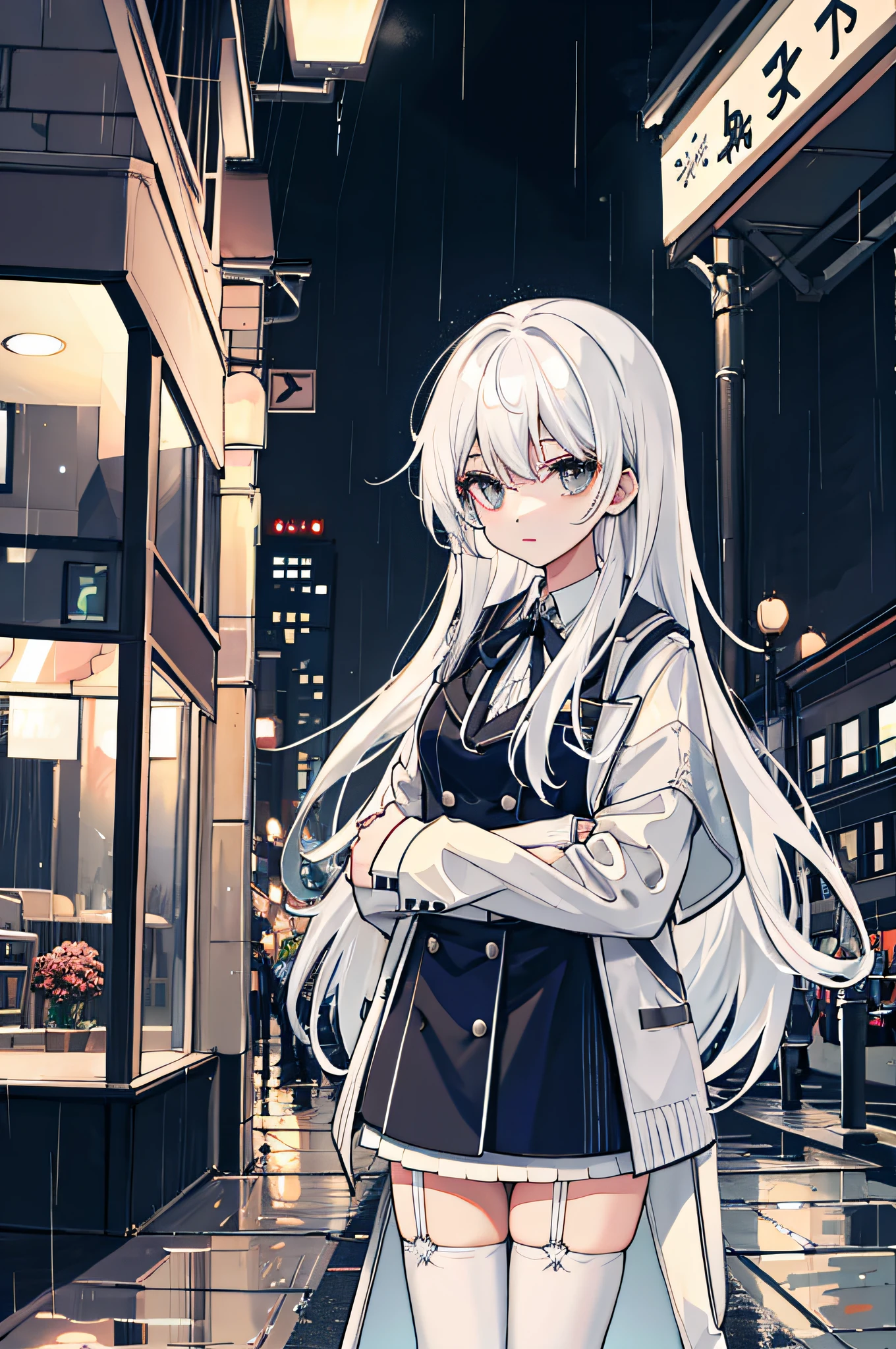 ,twins,white hair,stockings,mature female,rain,night city