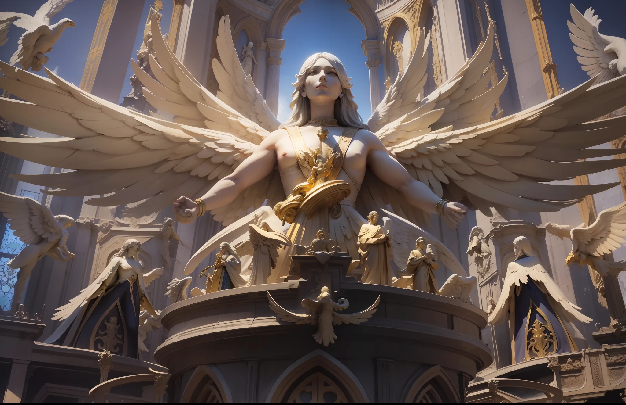 Panorama photo, at the top of the church there is a statue of a six-winged angel, 3 pairs of wings, the church color is golden yellow, comic style, best quality, masterpiece, super high resolution