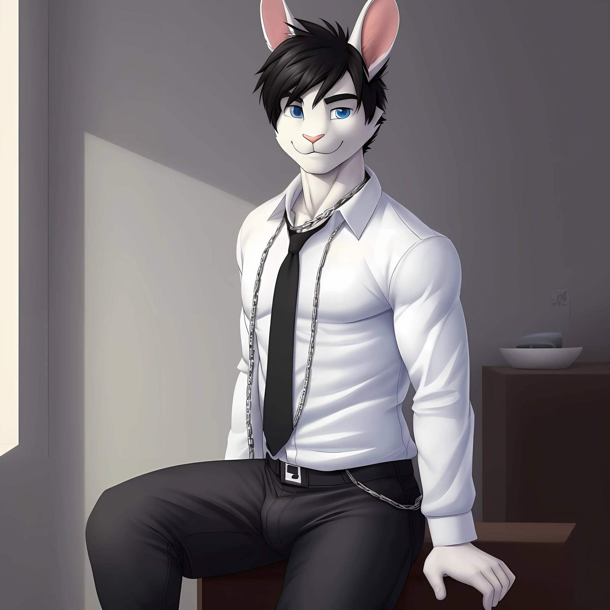 (Best Quality: 1.0), (Super High Resolution: 1.0), Soft Lighting, Amazing Lighting, Anthro, White Rabbit, Bulge, Short Black Hair, Blue Eyes, White Shirt and Black Jacket Black Glued Pants with Chain in Pocket, Solo, Smiling, In Room, Sitting, Solo, No Group, No Extra Person, No Double, Muscular, Skinny, Cartoon