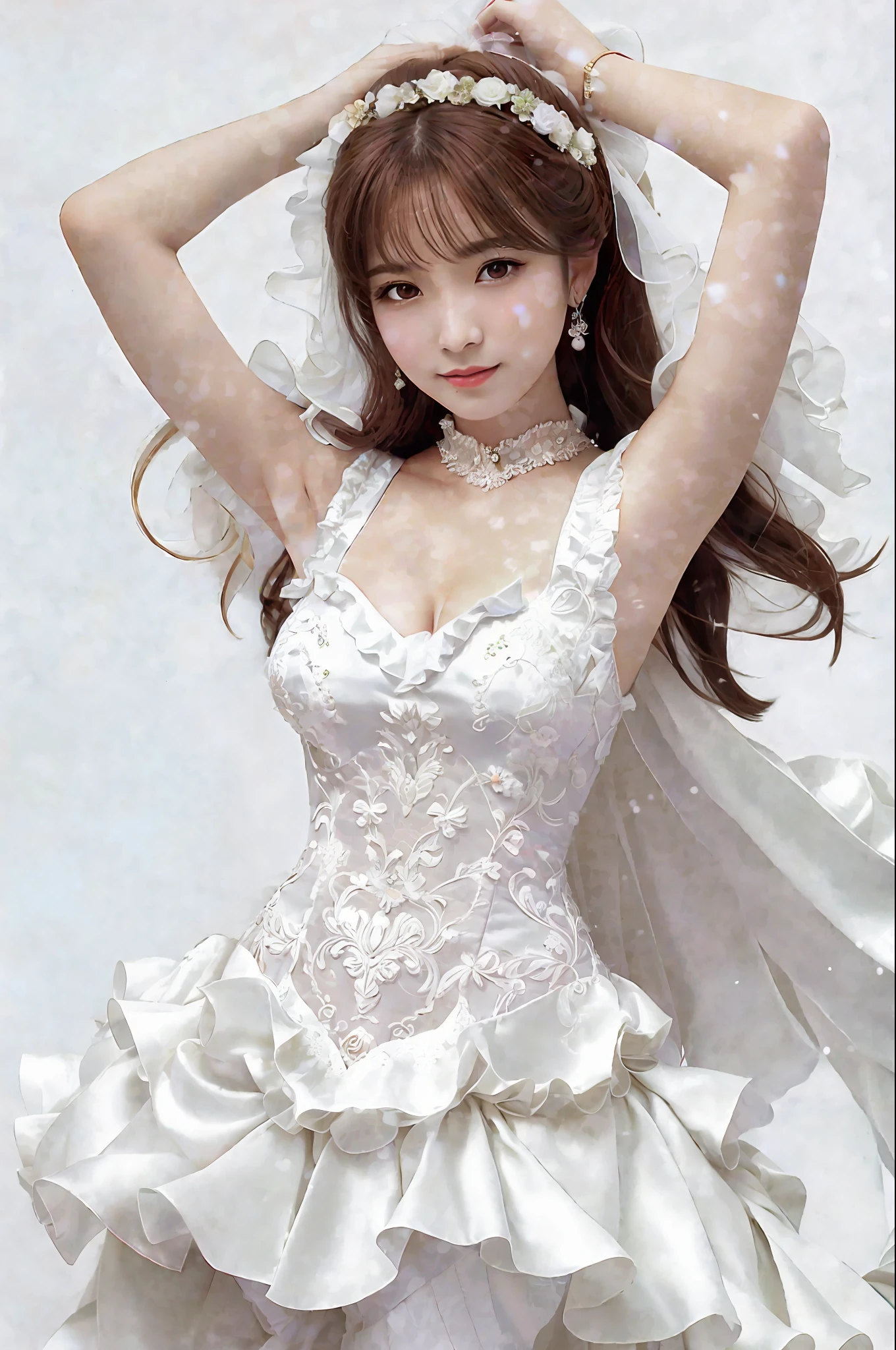Close-up of a woman in a white dress and veil, Yoshitomo Nara, elegant corset, Tokuami Kojima, corset, frilled garment, Ayami Kojima, cute core, dress, Sakimi Zen, Sakura kinomoto, Ayami Kojima, wedding dress, frills, sand creek, big breasts