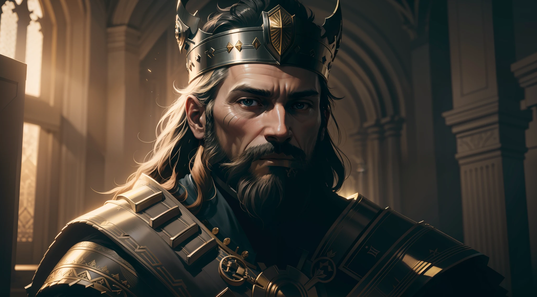 best quality, 500px, cgsociety, 8k, raw photo of (beautiful: 1.2) human king, wearing king's crown, king's armor, 40yo, beard, in castle, full body, ambient light, backlight, volumetric lighting, realistic, realistic lighting, cinematic lighting, depth of field, sharp focus, (high contrast: 1.2), (film grain), side, full body, standing, in front of the Palace