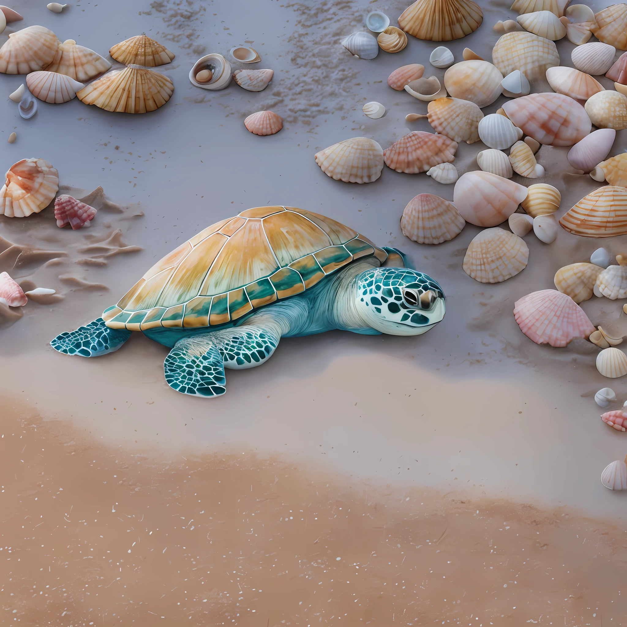 watercolor drawing, graphics, realistic fantasy, extensive landscape ultra photography, realistic image of an animal (general view showing a sandy beach, water, foam, sand, shells, footprints, drops, solo turtle, realistic image of an animal), blurred background, dawn, warm, marine shade, a little pink, airy color, magic --auto --s2