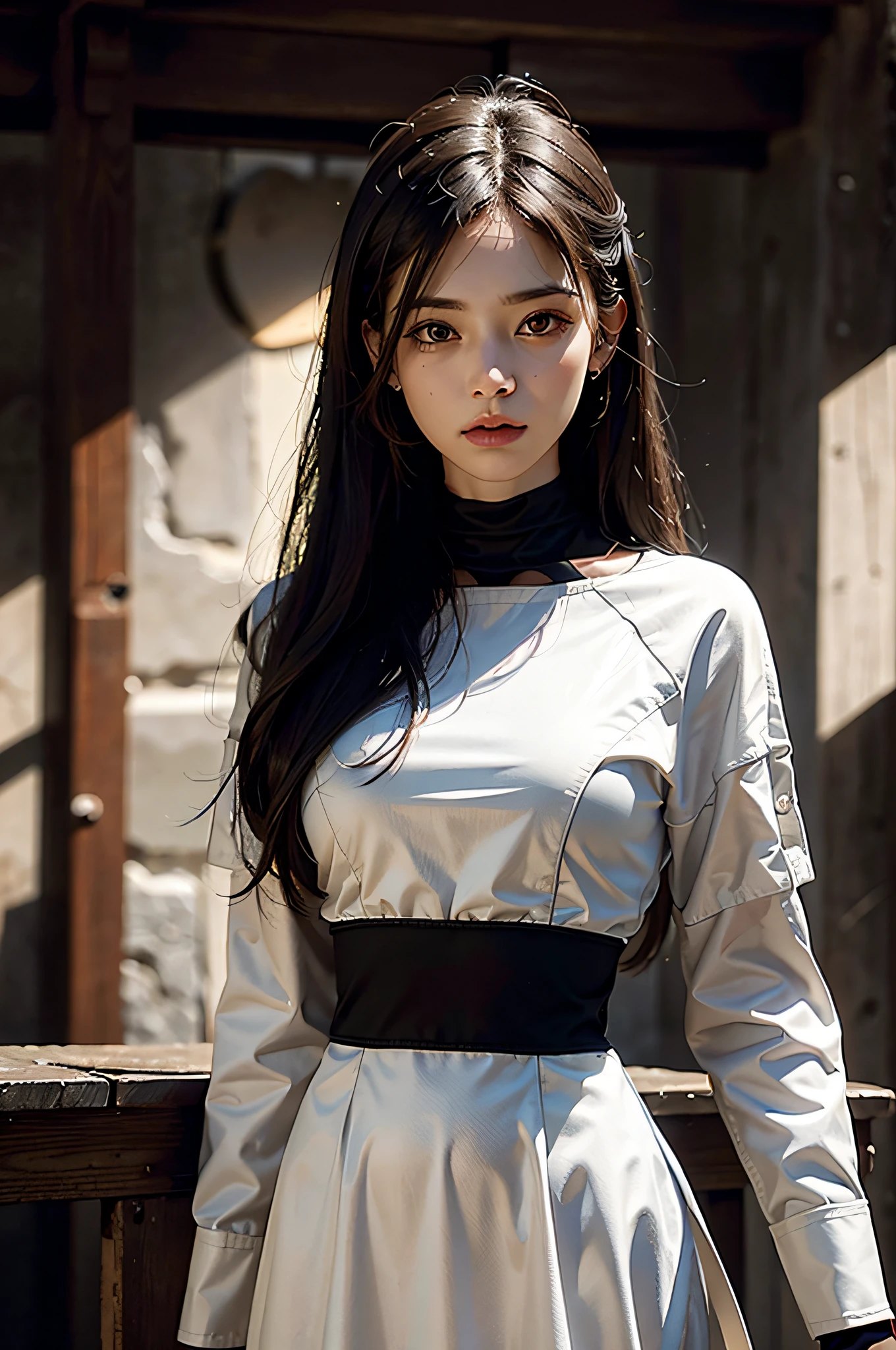 (Skindentation), Solo, Realistic, Best Quality, Photorealistic, Masterpiece, 8K, High Resolution, Solo, Highly Detailed Face, 30-year-old woman, (High Top Fade: 1.3), long hair, dark theme, soothing tones, muted colors, high contrast, (natural skin texture, hyper-realism, soft light, sharp), elegant, full-body, ((Big: 1.5)), dress