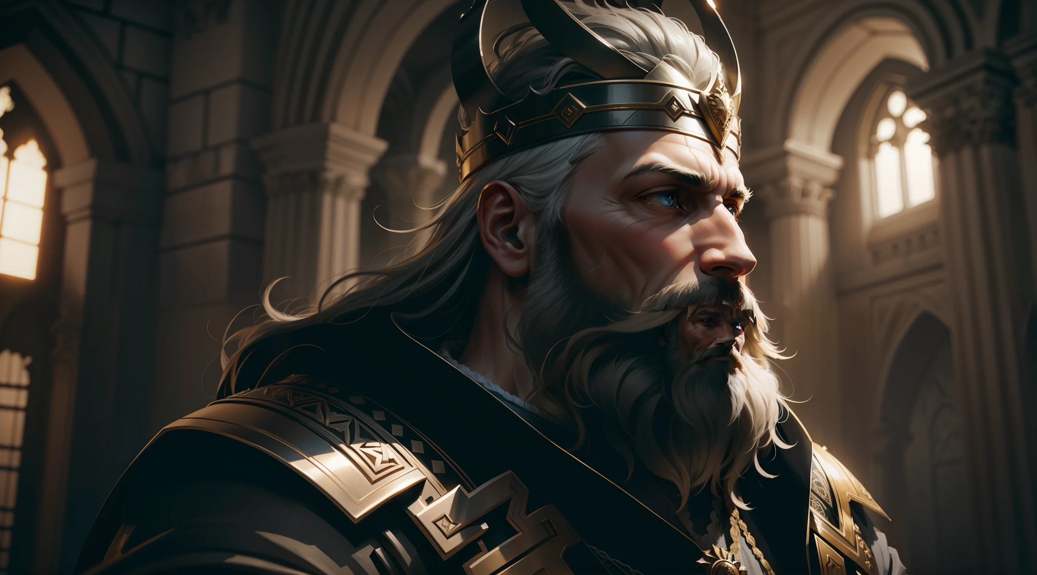 best quality, 500px, cgsociety, 8k, raw photo of (beautiful: 1.2) human king, wearing king's crown, king's armor, 40yo, beard, in castle, full body, ambient light, backlight, volumetric lighting, realistic, realistic lighting, cinematic lighting, depth of field, sharp focus, (high contrast: 1.2), (film grain), side, full body, standing, in front of the Palace