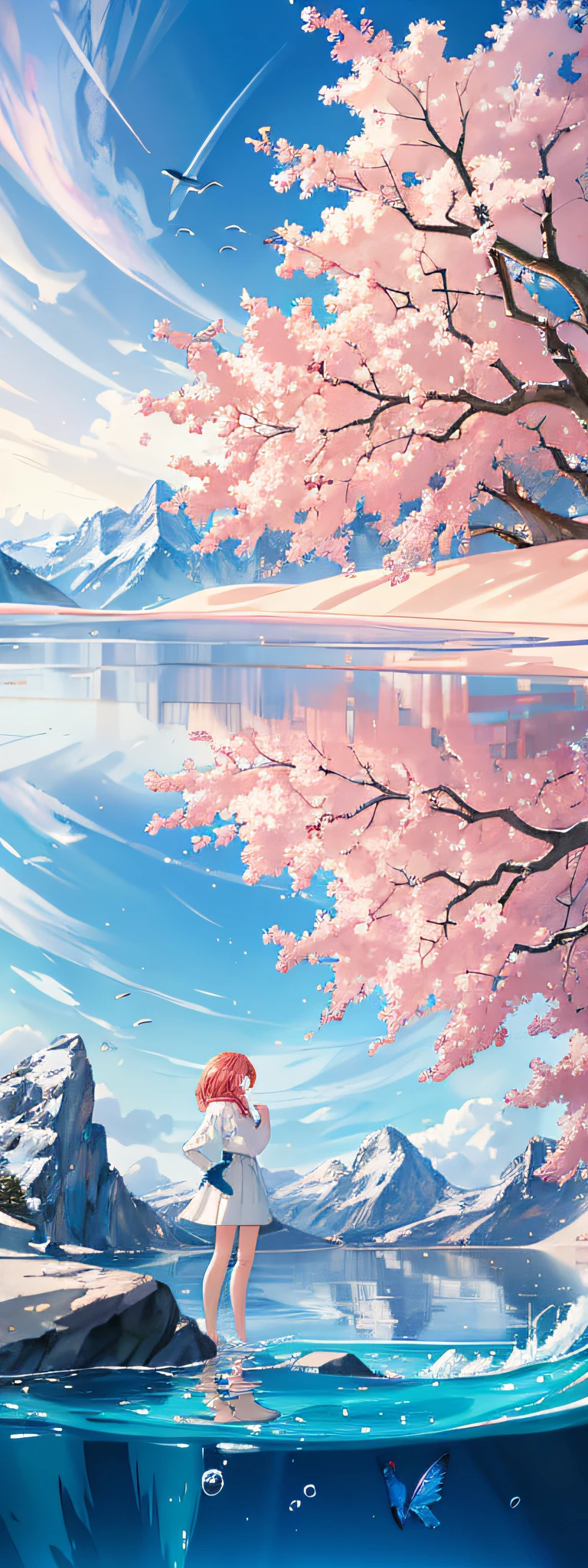 Photos of expansive landscapes, (from below, the sky above and the open pink sand beach below), a red-haired girl standing in the sea looking up, (Sun: 1.2), (Cute White Clouds: 0.9), (Birds: 1.3), Mountains, Cherry Blossom BREAK Making Art, (Warm Light Source: 1.2), (Firefly: 1.2), Fish, Lots of Blue and Pink, Intricate Details, Volume Lighting BREAK (Masterpiece: 1.2), (Best Quality), 4K, Ultra Detailed, (Dynamic Composition: 1.4), Detailed, Colorful, (Iridescent: 1.2), (Glow, Atmospheric Lighting), Dreamy, Magical, (Solo: 1.2), Girl at the bottom of the picture