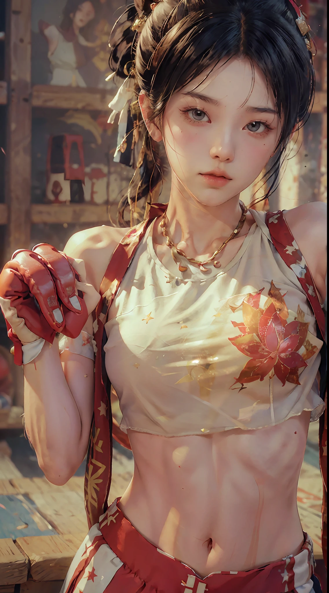 Masterpiece, top quality, (realistic, realistic: 1.4), (RAW photo: 1.2), very delicate CG Unity 8K wallpaper, very delicate beautiful, wonderful, boxing pose, oversized breasts (1.4), attention to detail, official art, absurdity, incredible absurdity, huge file size, very fine, very delicate, beautiful eyes and face, beautiful delicate eyes, light on the face, a girl, ponytail, (pompom) navel, half, PE uniform short sleeve crop top t-shirt, Boxing gloves, bare arms, bangs, boxing gym, boxing ring, ULZZANG-6500-v1.1