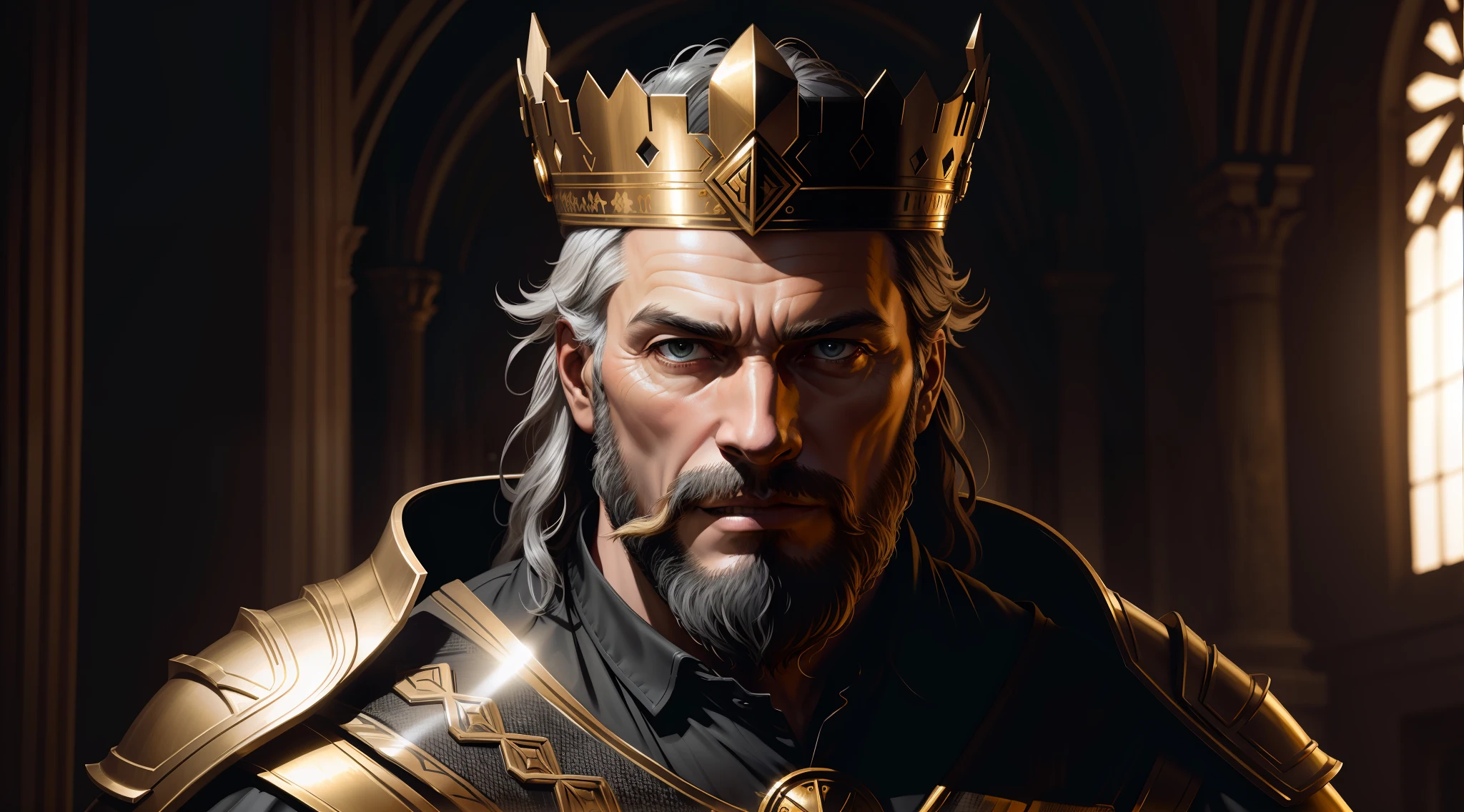 best quality, 500px, cgsociety, 8k, raw photo of (beautiful: 1.2) human king, dress king's crown, king's armor, 40yo, beard, in castle, full body, ambient light, backlight, volumetric lighting, realistic, realistic lighting, cinematic lighting, depth of field, sharp focus, (high contrast: 1.2), (film grain), side, full body