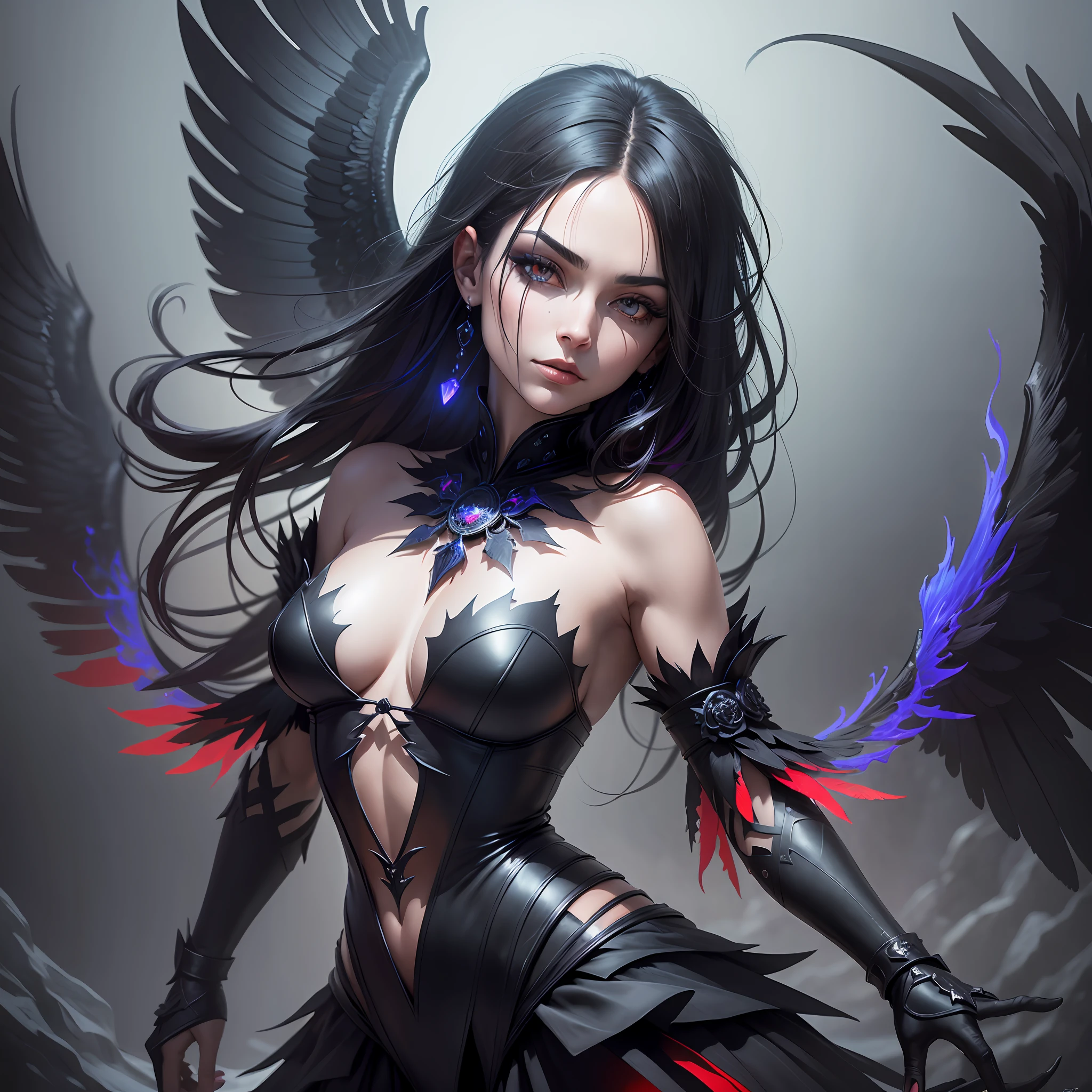 A hybrid of human and raven in a gothic and mysterious landscape, with ultra-detailed details and high resolution. The human crow is depicted in dynamic pose, with black crow wings and piercing human eyes. The predominant colors are bleak, but there are touches of ruby red and deep blue. The scene features floating fog and a dark, dimly lit background. The image is fluid, with kinetic movement around the central subject. --auto --s2