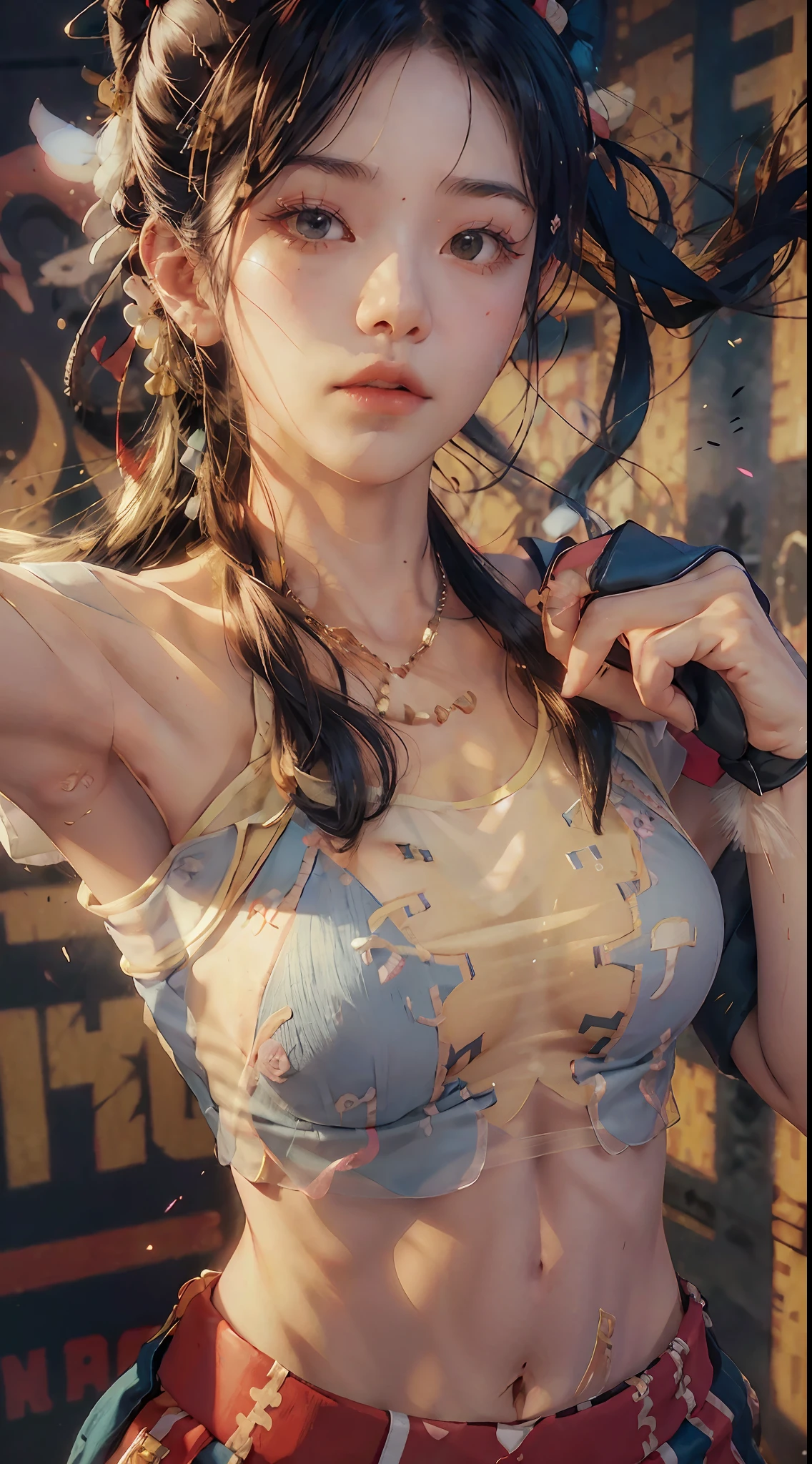 Masterpiece, top quality, (realistic, realistic: 1.4), (RAW photo: 1.2), very delicate CG Unity 8K wallpaper, very delicate beautiful, wonderful, boxing pose, oversized breasts (1.4), attention to detail, official art, absurdity, incredible absurdity, huge file size, very fine, very delicate, beautiful eyes and face, beautiful delicate eyes, light on the face, a girl, ponytail, (pompom) navel, half, PE uniform short sleeve crop top t-shirt, Boxing gloves, bare arms, bangs, boxing gym, boxing ring, ULZZANG-6500-v1.1