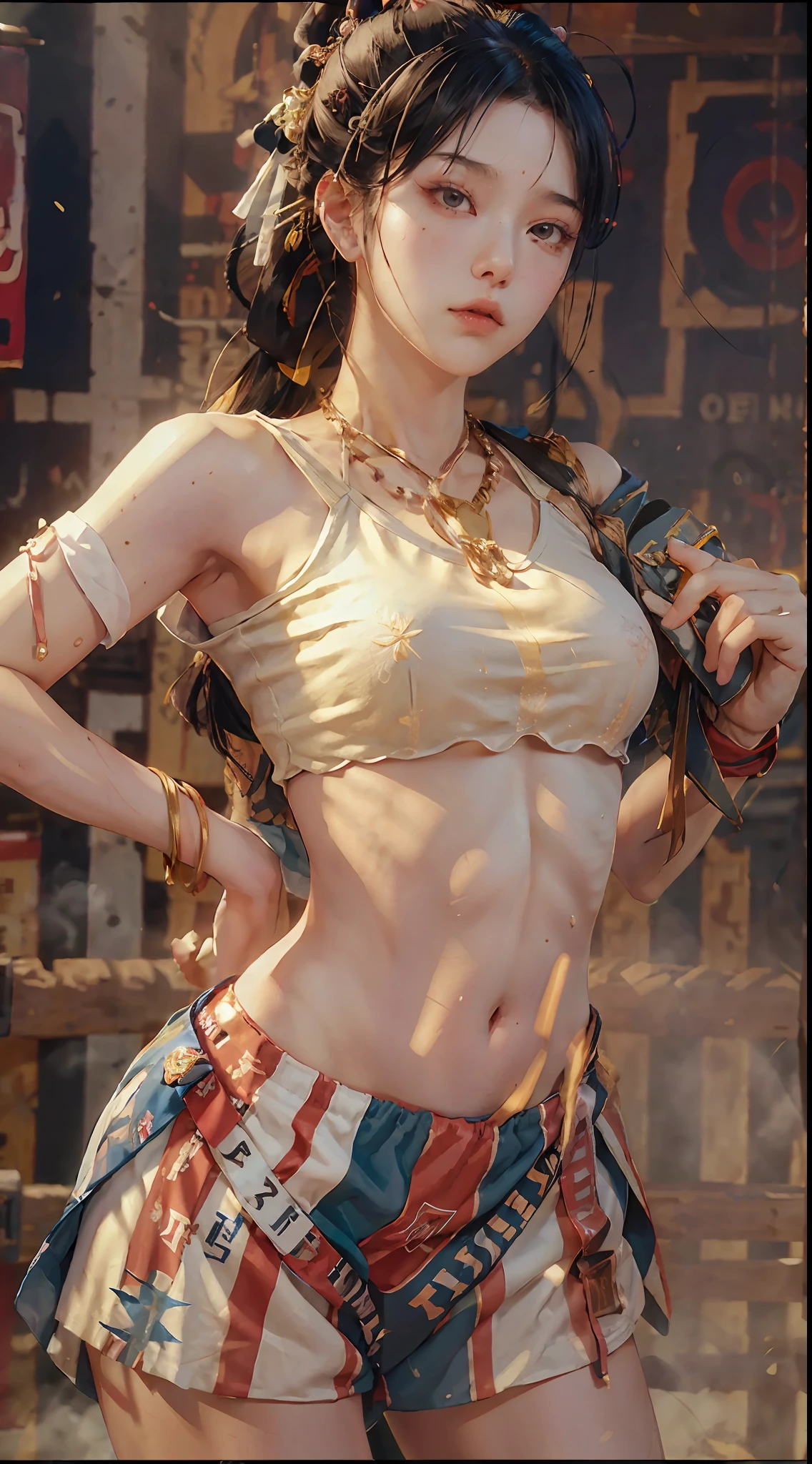 Masterpiece, top quality, (realistic, realistic: 1.4), (RAW photo: 1.2), very delicate CG Unity 8K wallpaper, very delicate beautiful, wonderful, boxing pose, oversized breasts (1.4), attention to detail, official art, absurdity, incredible absurdity, huge file size, very fine, very delicate, beautiful eyes and face, beautiful delicate eyes, light on the face, a girl, ponytail, (pompom) navel, half, PE uniform short sleeve crop top t-shirt, Boxing gloves, bare arms, bangs, boxing gym, boxing ring, ULZZANG-6500-v1.1
