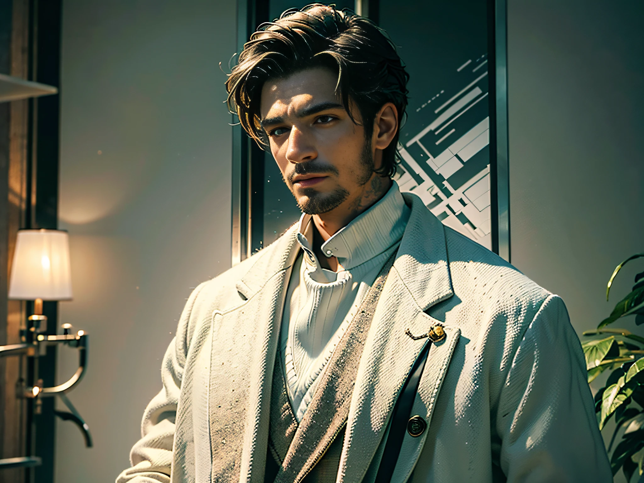 Ultra HD, masterpiece, man in white cashmere jacket, indoor, evening, first view