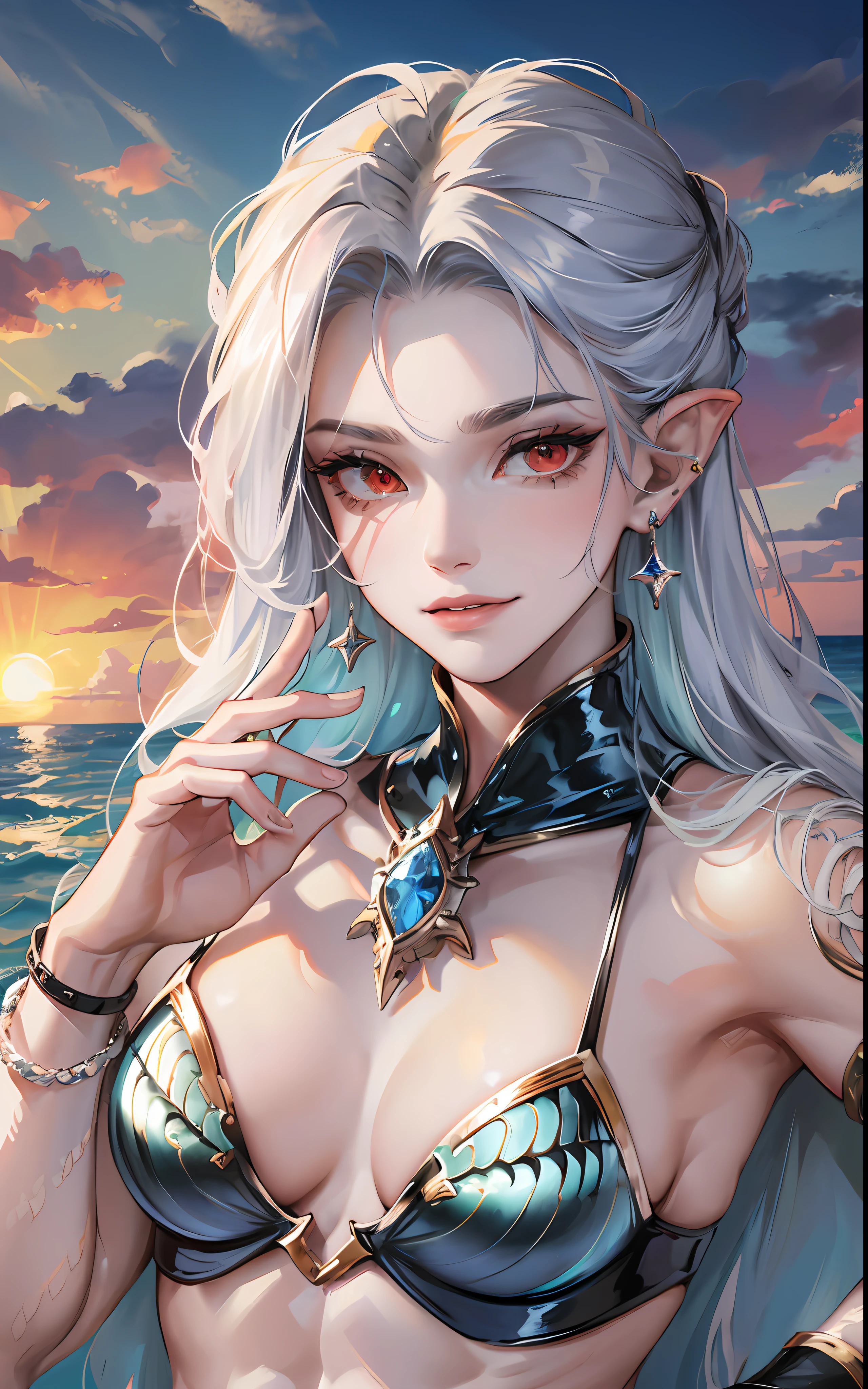 man, masculine, masculine face, attractive, muscular, (((1man))), masterpiece, absurdres, best quality ,intricate details , (shiny skin, shiny body, shiny oily luster skin, shiny hair, pale skintone), Sundown, attractive, ((muscular)), adult, one, earrings, Don't look at the view , Not looking at the view, silver hair, braided hair, perfect detailed face, perfect detailed hands, triton, fins, red eyes, triton ears, ((MLS)), smirk, medium large shoot, marine ornaments, beach in the background, ((mermaid tail)), no legs, ((in the wather))