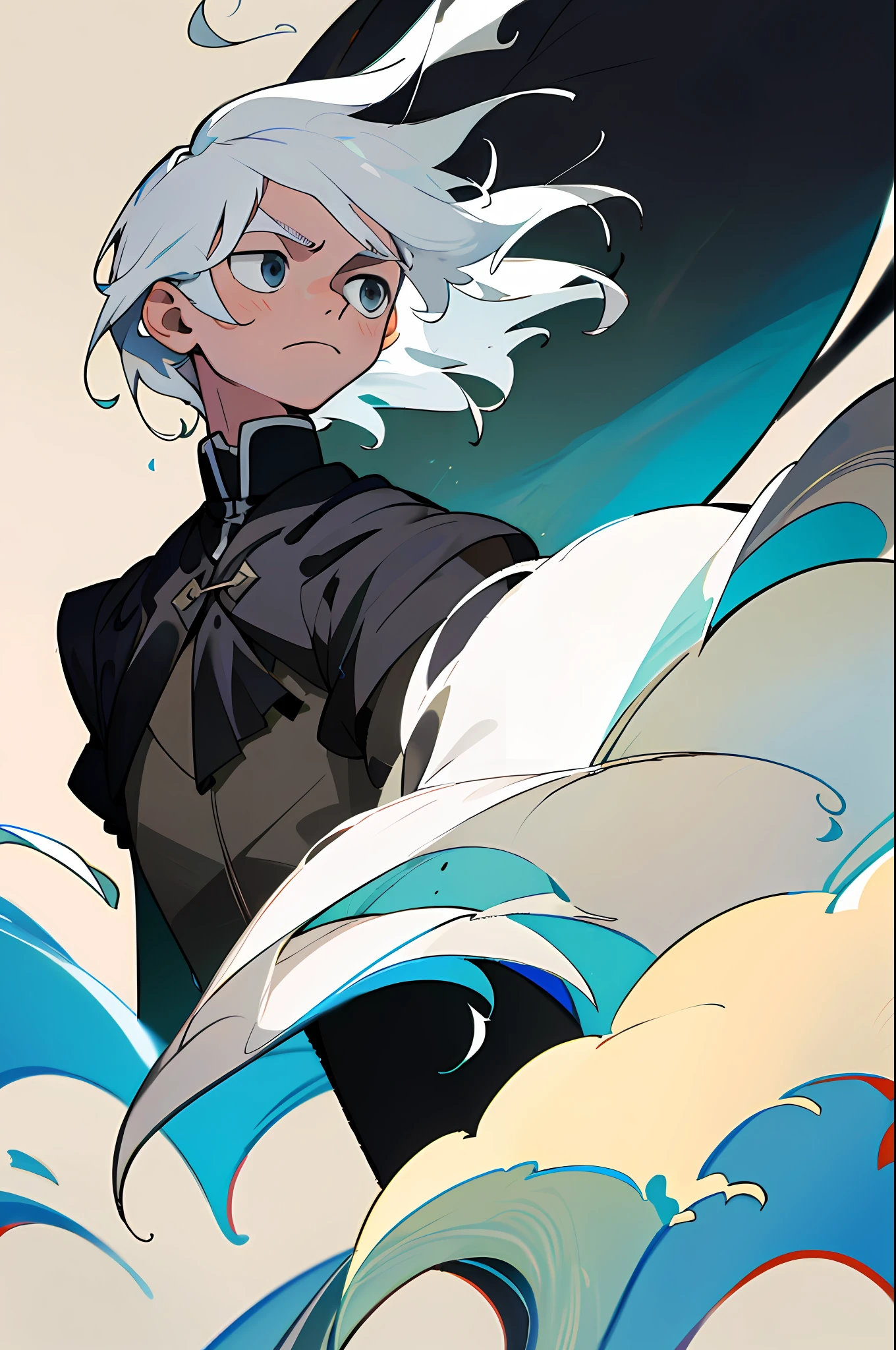 (best quality, masterpiece), 1boy, looking down, wind, particle, simple background, black humor, upper body, white hair