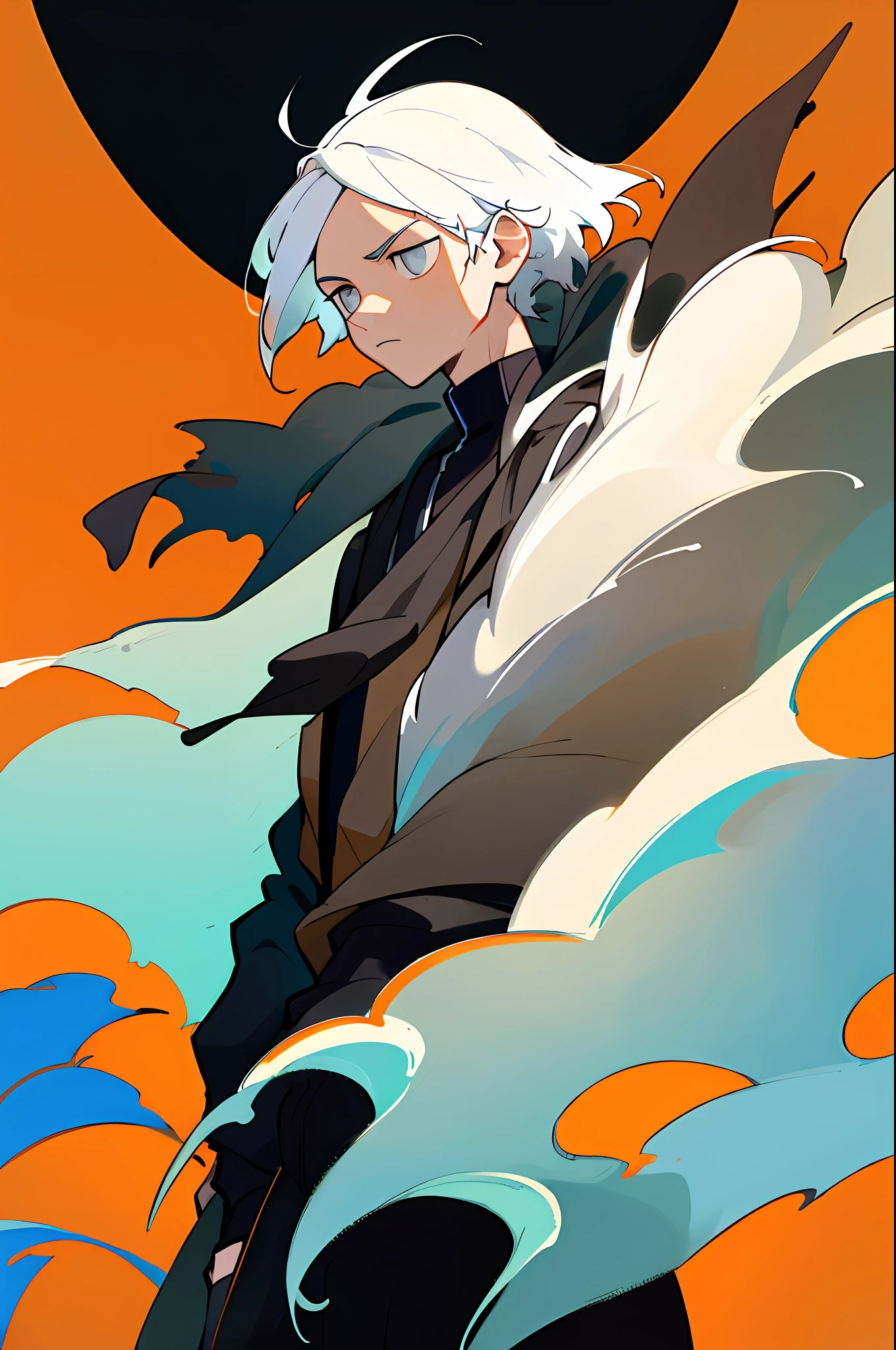 (best quality, masterpiece), 1boy, looking down, wind, particle, simple background, black humor, upper body, white hair