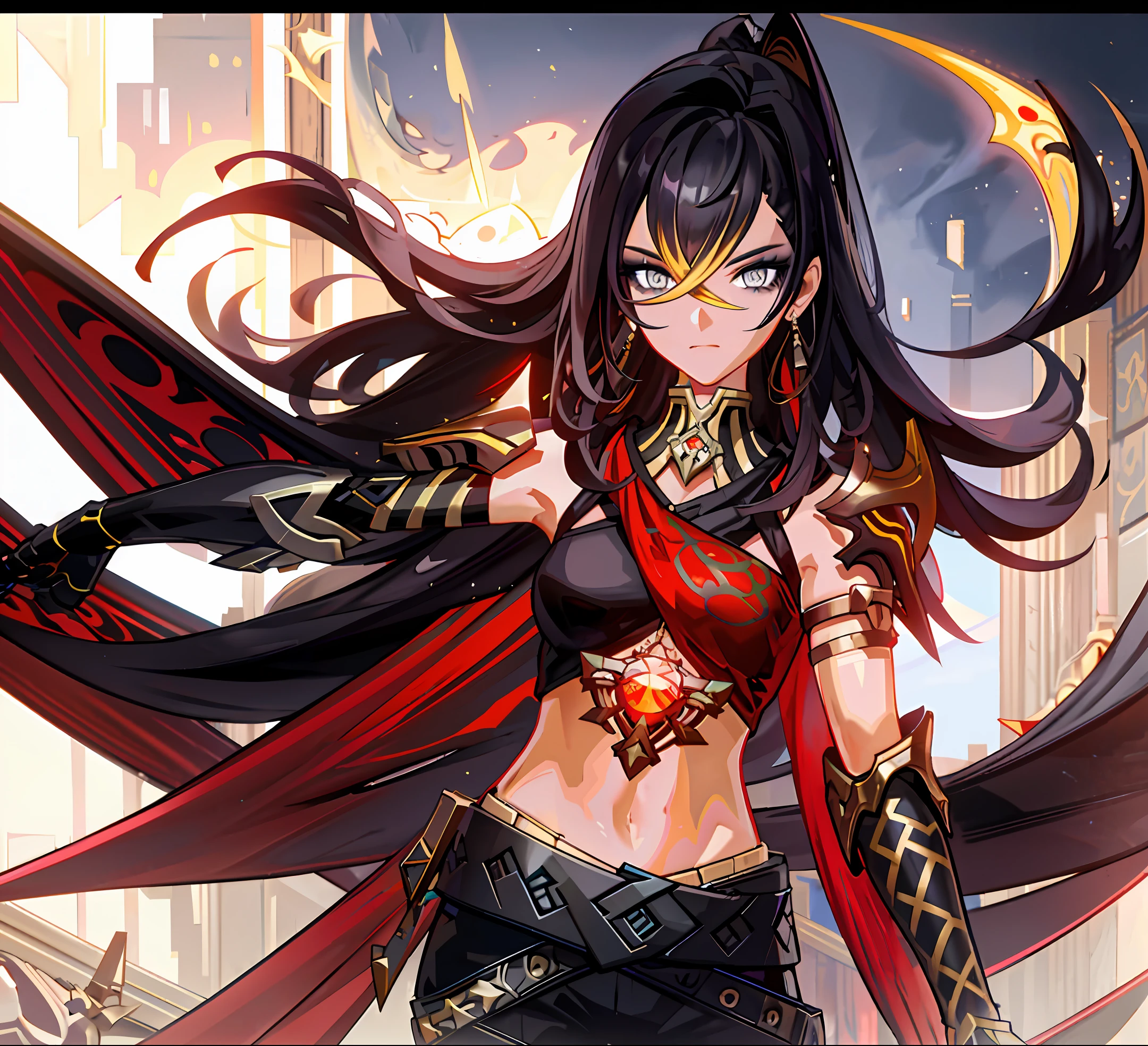 beautiful anime designer girl, caressing a black dragon, yellow dragon eye, gray hair, long hair, ultra detailed hair loose in the landscape, ultra detailed brown eyes, well drawn anime style face with features, beautiful, slender legs and arms, armor to the body, totally black cartoon style armor, proportional armor to the body, sword, sword in hand, Red sword, screen with long and beautiful landscape, landscape at night, moon reflecting