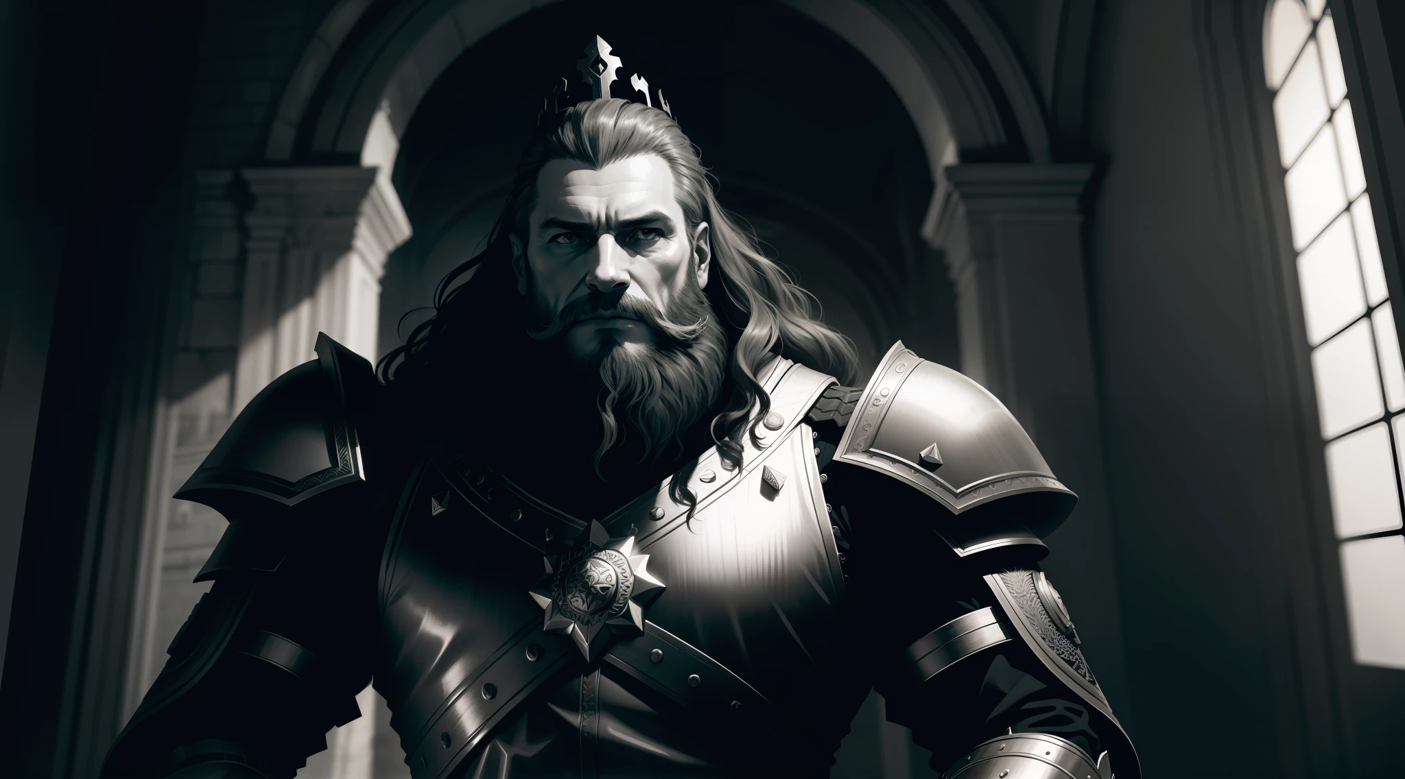 best quality, 500px, cgsociety, 8k, raw photo of (beautiful: 1.2) human king, dress king's crown, king's armor, 40yo, beard, in castle, full body, ambient light, backlight, volumetric lighting, realistic, realistic lighting, cinematic lighting, depth of field, sharp focus, (high contrast: 1.2), (film grain), side, full body