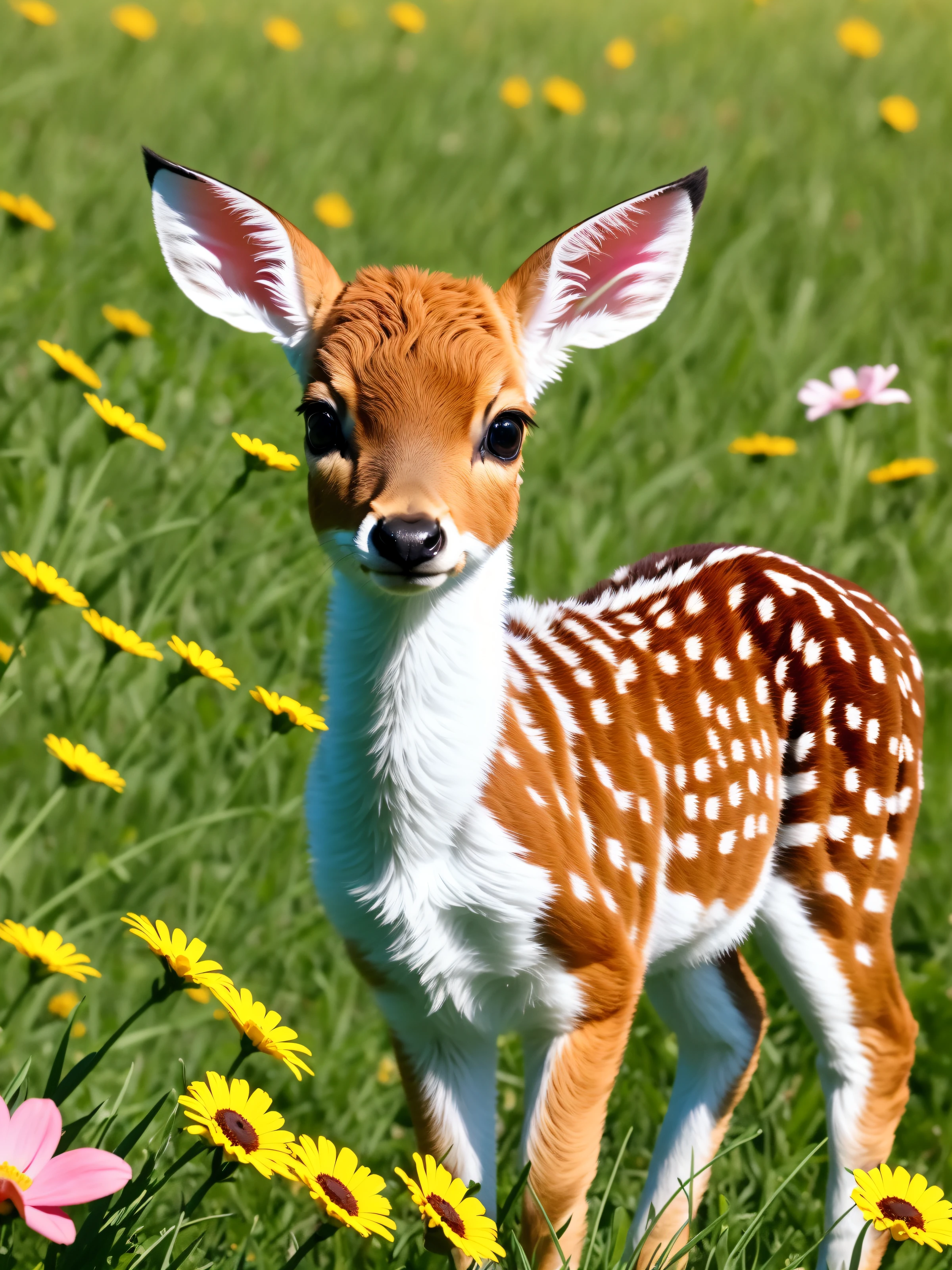 a drawing of a cute little baby deer surrounded by beautiful flowers in a meadow
