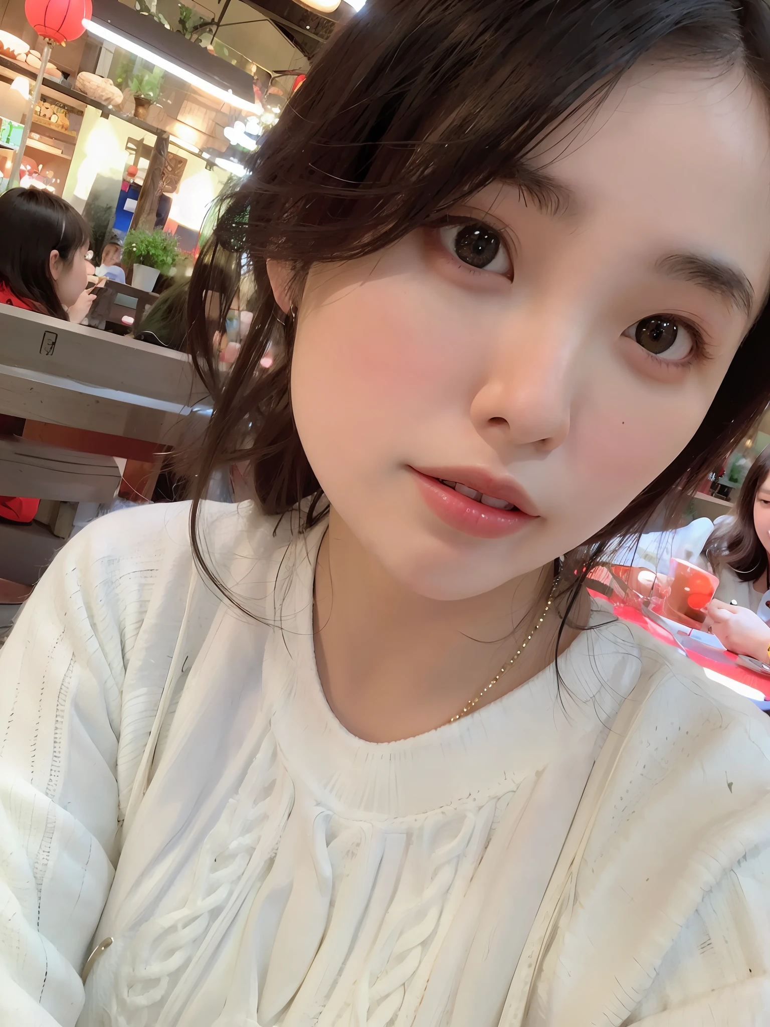 there is a woman that is sitting at a table with a plate of food, young cute wan asian face, young adorable korean face, ulzzang, wan adorable korean face, jinyoung shin, girl cute-fine-face, korean girl, with cute - fine - face, xision wu, bae suzy, xintong chen, 8k selfie photograph, beautiful aesthetic face