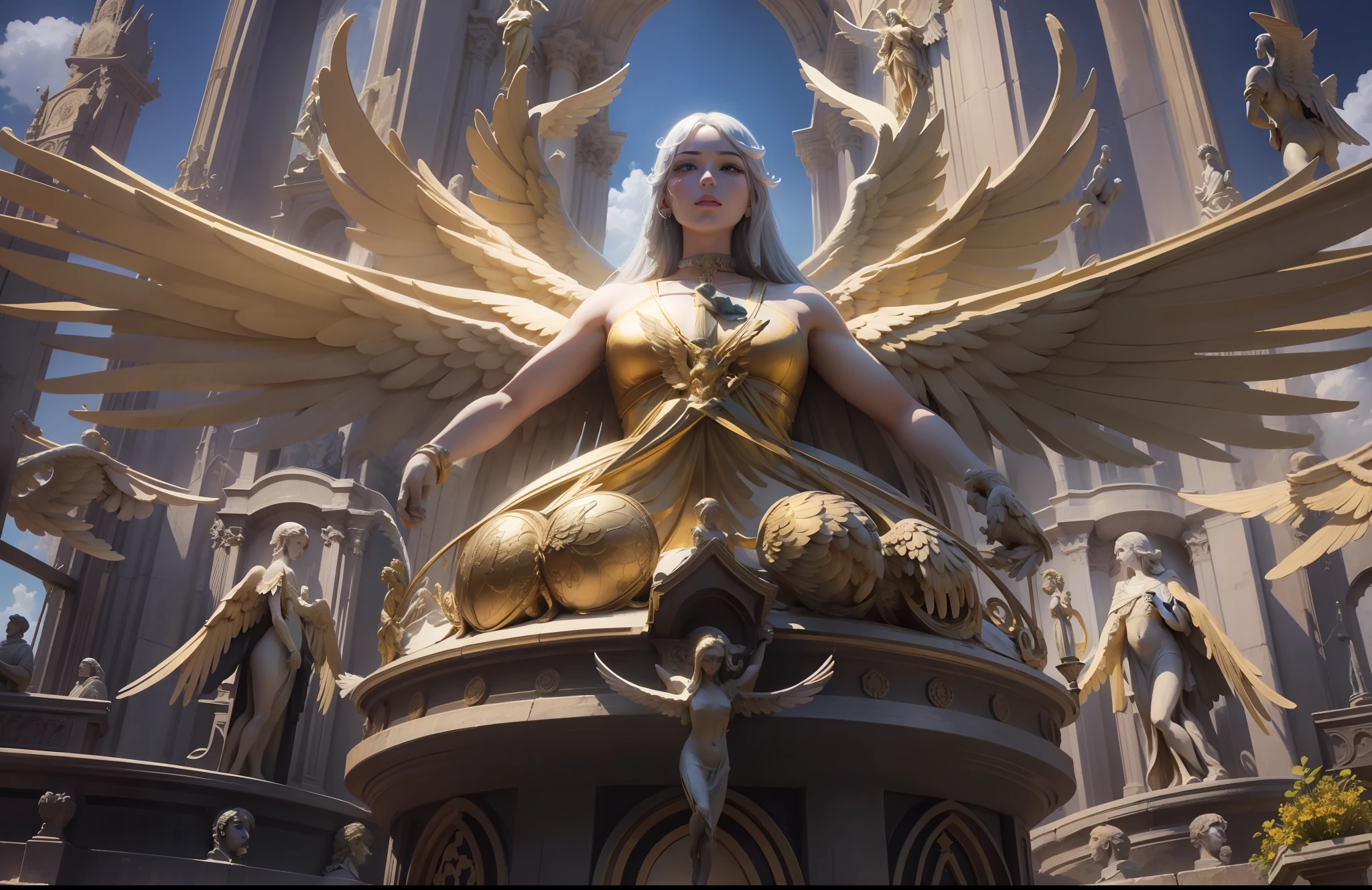 Panorama photo, at the top of the church there is a statue of a six-winged angel, 3 pairs of wings, the church color is golden yellow, comic style, best quality, masterpiece, super high resolution