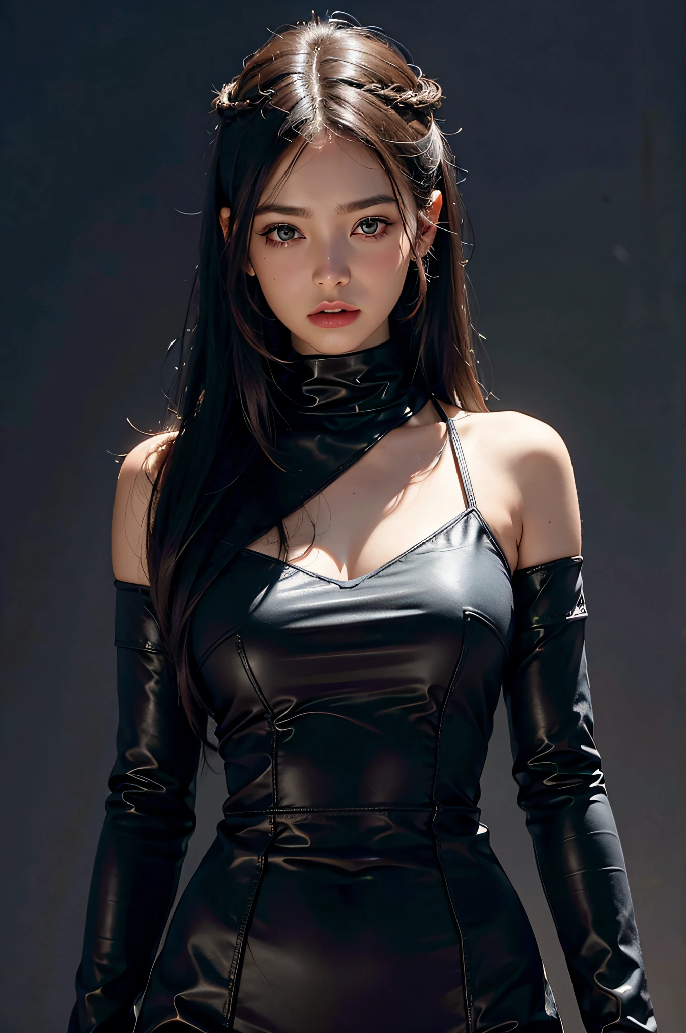 (Skindentation), Solo, Realistic, Best Quality, Photorealistic, Masterpiece, 8K, High Resolution, Solo, Highly Detailed Face, 30-year-old woman, (High Top Fade: 1.3), long hair, dark theme, soothing tones, muted colors, high contrast, (natural skin texture, hyper-realism, soft light, sharp), elegant, full-body, ((Big: 1.5)), dress
