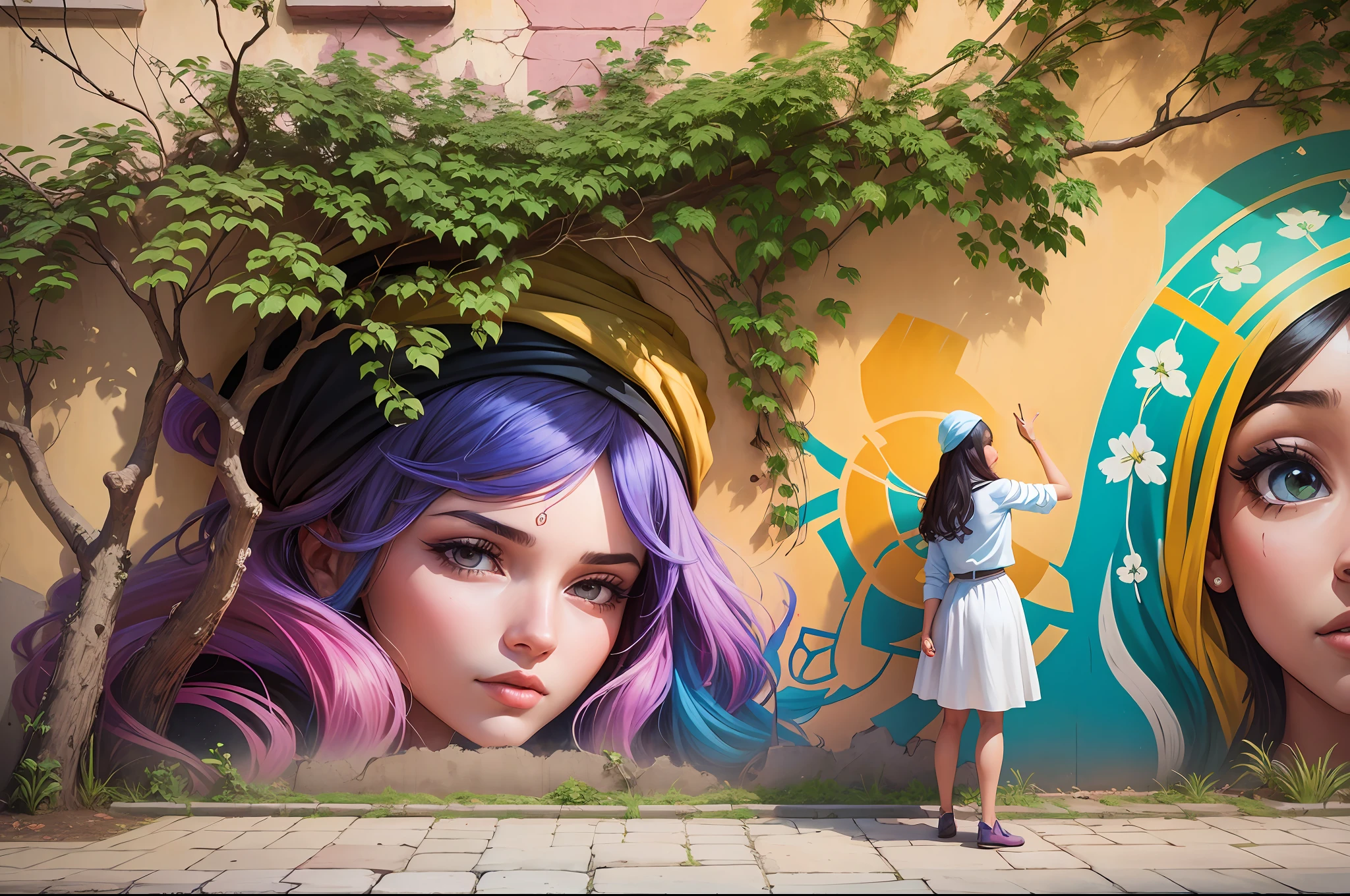 Mural, wall painting, graffiti on a wall. Behind and above the wall, there are bougainvillea plants, with some branches resting on the wall. Graffiti mural with Brazilian women with turbans. Happy palette of colours. The bougainvillaeas branches are placed right up of turban of the women painted on the wall, the branches look like their hair. A girl is on the street looking at the mural. Scene illuminated by natural light. Realistic raytraicing, photography, 3d. --auto --s2