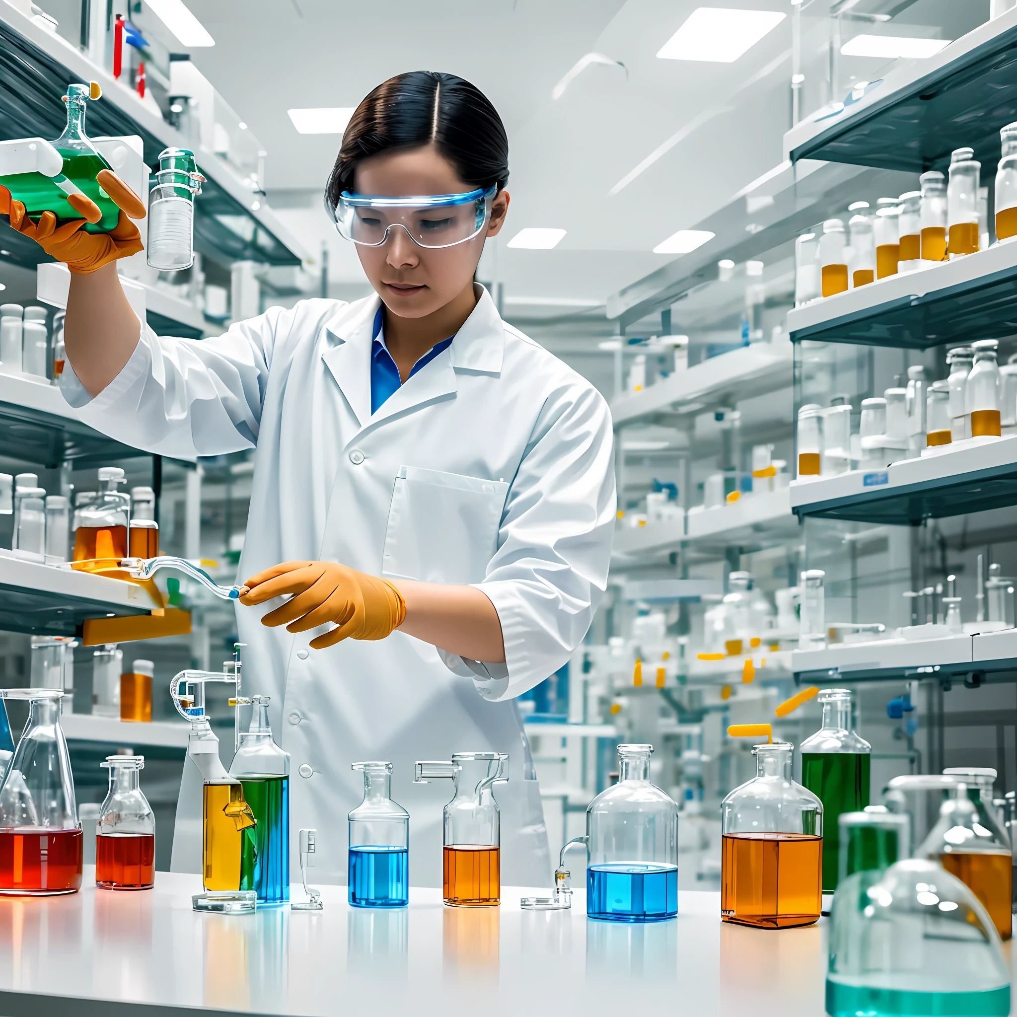 A scientist in a laboratory, wearing a white lab coat, transparent goggles, handling delicate glass equipment, taking reagents from a shelf with precise labeling, in search of a bright solution, chemical experiments, bright lighting, with the glass bottle containing with red liquid gradient equipment.