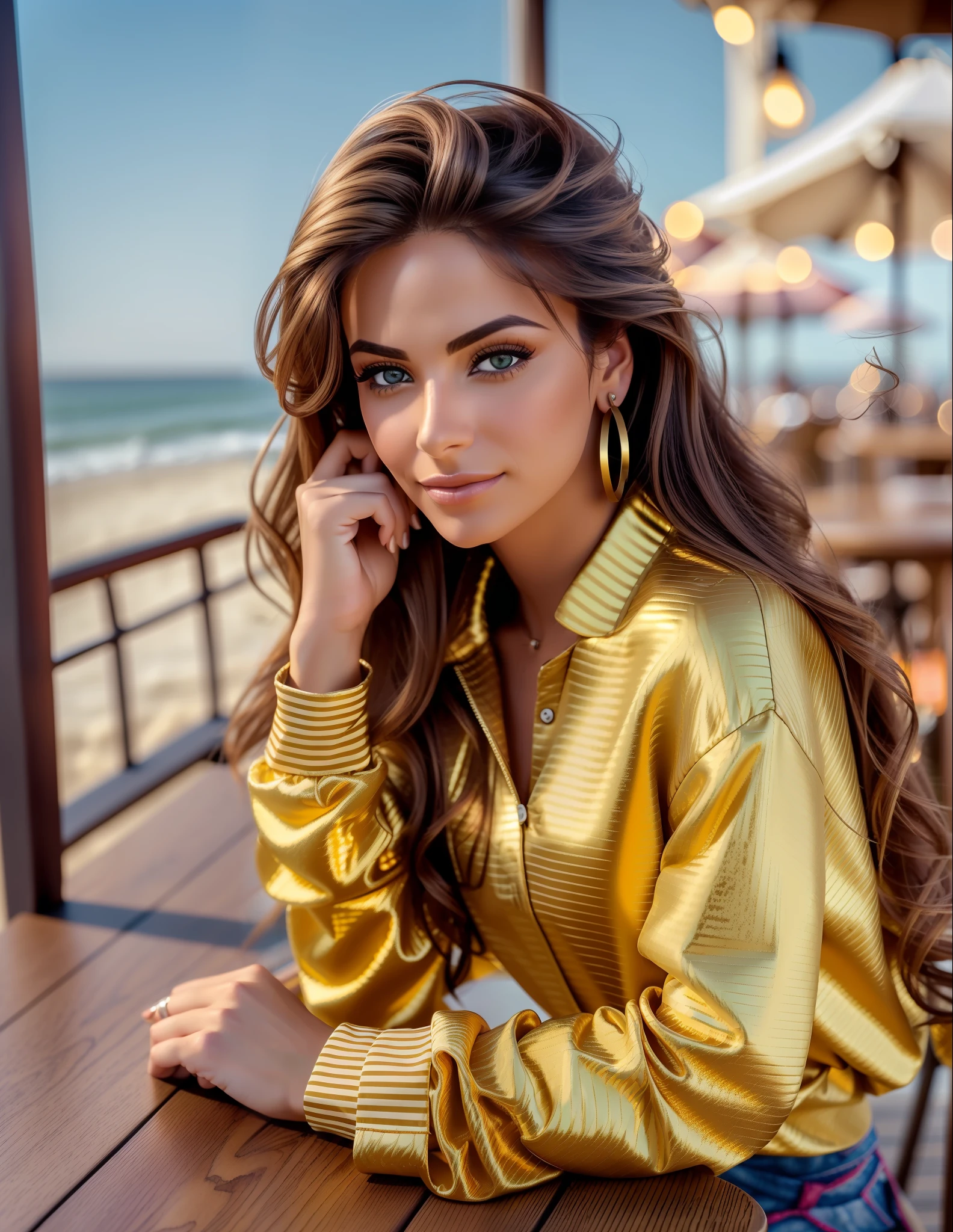 photo of (sh0hreh:0.99), a stunning beautiful young woman, hazel eyes, long messy windy light brown hair, closeup zoomed in tight crop portrait, sitting at a (table on a seaside boardwalk cafe bar drinks cocktails:1.2) wearing a (red designer long sleeve shirt:1.3) (drinks on table:1.3) (Lighting-Gold:1.2) foreground objects background details (masterpiece:1.2) (photorealistic:1.2) (bokeh:1.2) (best quality) (color grading) (detailed skin:1.3) (intricate) (8k) (HDR) (cinematic lighting:1.3) (sharp focus), messy windy hair --auto --s2