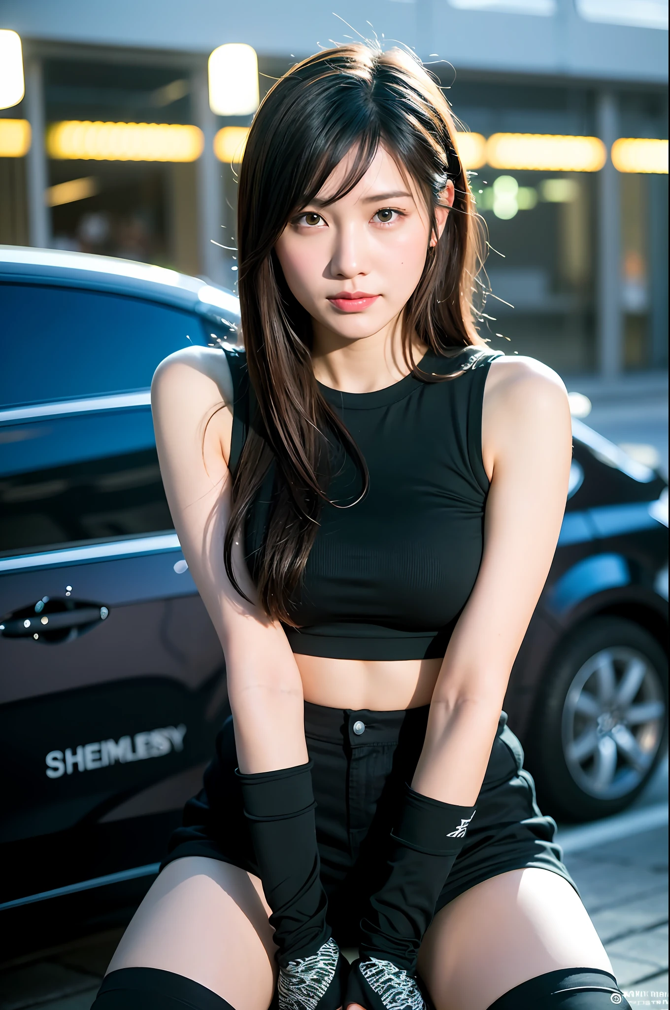 (8k, top quality, masterpiece: 1.2), (realistic, photoreal: 1.37), super detailed, single girl, cute, solo, (Tifa Lockhart), (small), (beautiful detailed eyes), (smile) : 1.2), (closed mouth), erotic pose, dance, neon, depth of field, dark dark shadows, sharp focus, car, motorcycle, good composition, green glowing light, Final Fantasy, Date, (Blush), Single Elbow Pads, Ankle Boots, Black Hair, Black Skirt, Black Thigh Socks, Red Boots, Elbow Gloves, Elbow Pads, Fingerless Gloves, Taut Shirt, Sports Bra, (Suspender Black Skirt), Tin High Socks, White Tank Top, Full Body, Head Rest, Lips, Clean Face, Long Hair Tied Low, (red_ eyes), yellow flowers, (night: 1.3), intricate, bokeh, cinematic lighting, (Tetsuya Nomura), detail, geometric patterns by Greg Rutkowski and Alphonse Mucha