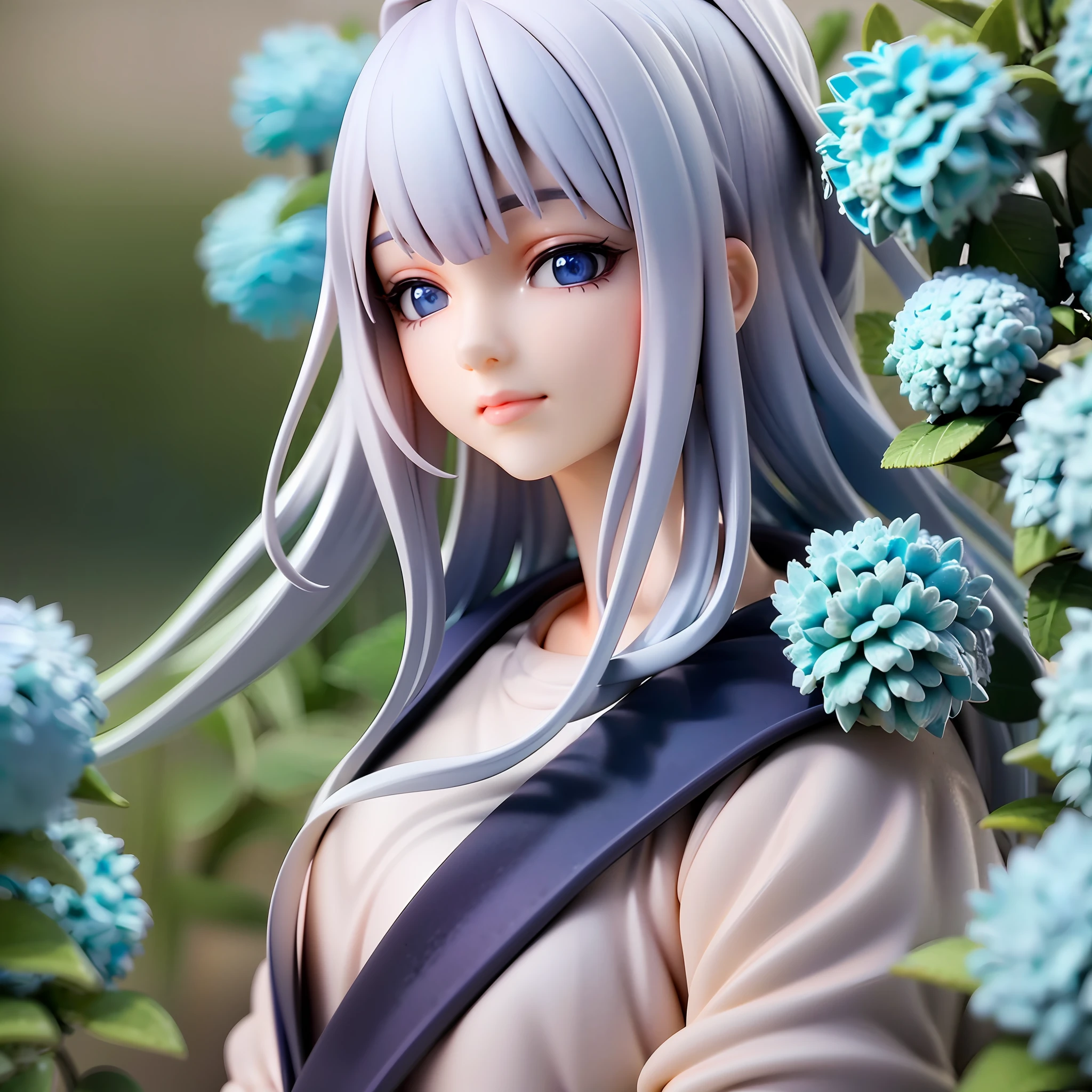 1girl, blue eyes, looking away, view side,melancholic expression, white hair with dark blue tips, light blue kimono with hydrangea pattern, holding a blue hydrangea, close up, standing on a cobblestone path under a cloudy sky, looking out into the distance, outdoor background, [realistic], [3d], (8k, RAW photo, best quality, masterpiece:1.2), ultra high res, photo realistic, professional lighting, detailed lighting, professional photography, high quality, high res, extremely detailed, bloom, depth of field, sketch, sharp focus, soft lighting, detailed, detailed skin, to8contrast style.