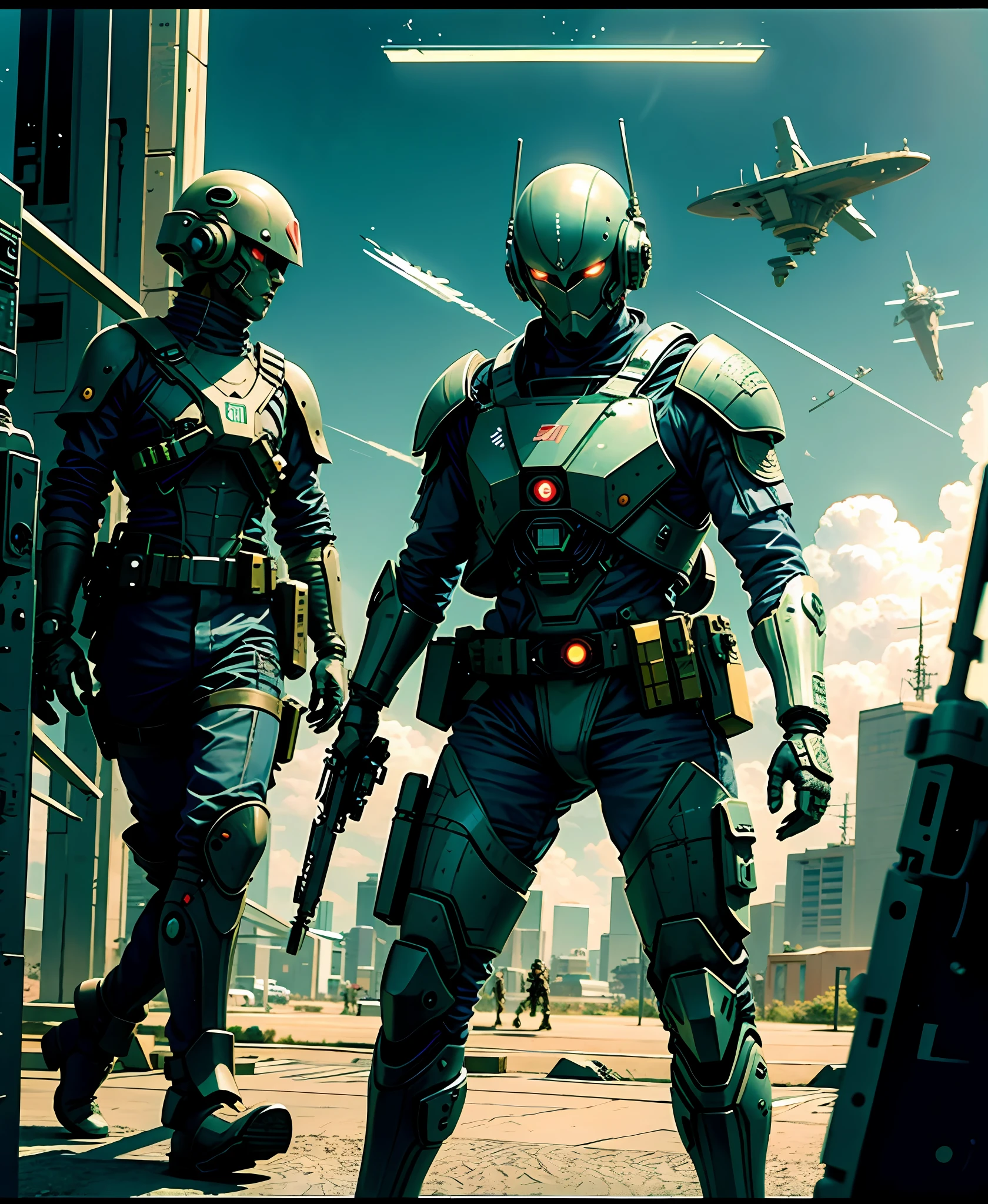 anime art of A sci-fi alien soldier gunfighting a group of futuristic sci-fi rebels, intricate designs, HDR, 8K, raytraced