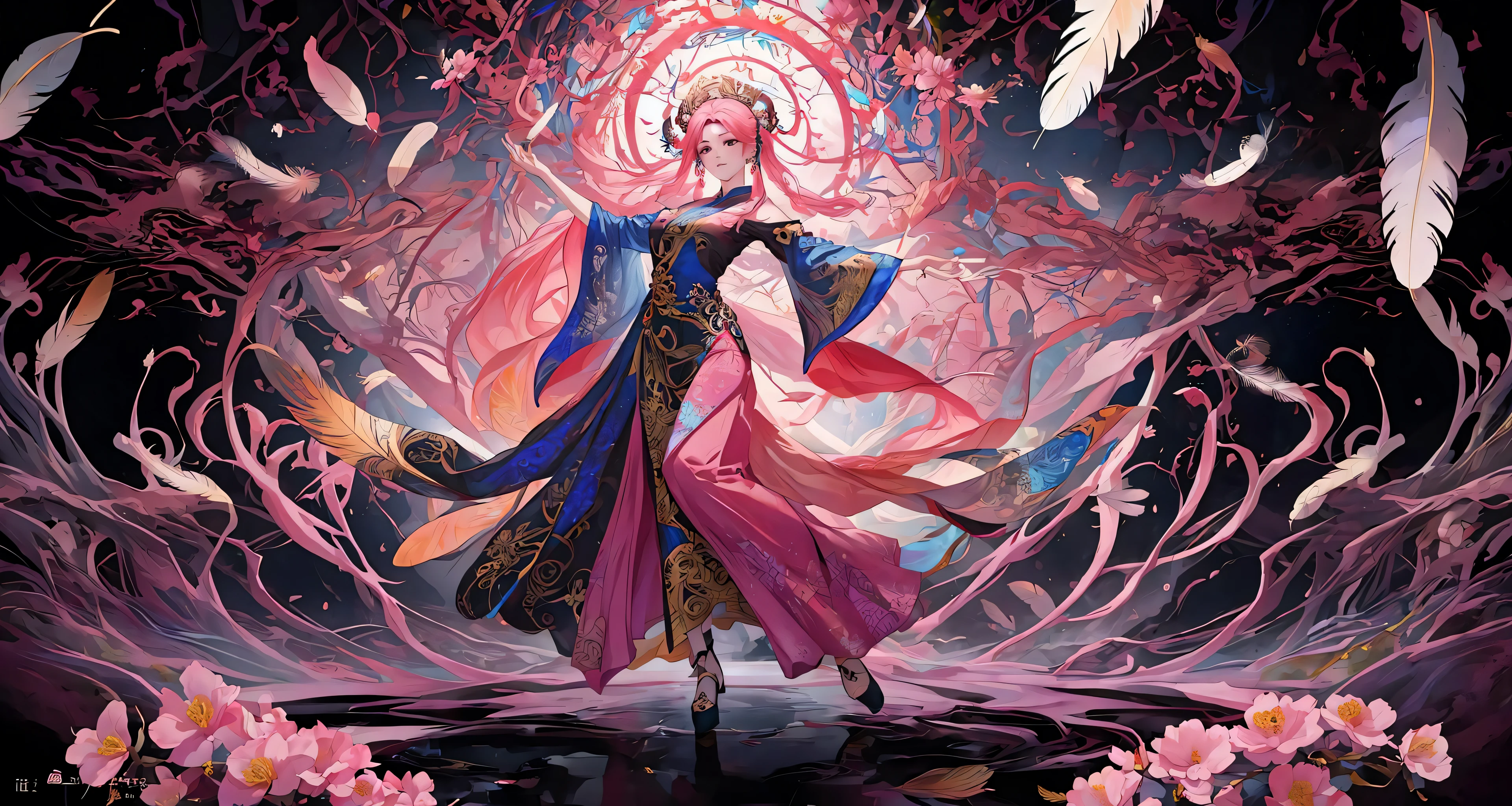 erjie, girl in a fluid and dynamic pose, wearing a loose, flowing pink dress, mysterious expression, curly black and pink hair, [Zhang Ziyi|Aishwarya Rai], in a modern and abstract setting, with bold and colorful abstract art, blurred background, bright lighting, official art, unity 8k wallpaper, (zentangle, mandala, tangle, entangle), intricate clothes,zhongfenghua (full body,from everywhere,masterpiece, top quality, best quality, official art, beautiful and aesthetic:1.2), extremely detailed,(fractal art:1.1),(colorful:1.1)(flowers:1.3),highest detailed,(zentangle:1.2), (dynamic pose), (abstract background:1.3), (shiny skin), (many colors:1.4), (feathers:1.5),  dynamic angle, the most beautiful form of chaos, elegant, a brutalist designed, vivid colours, romanticism,