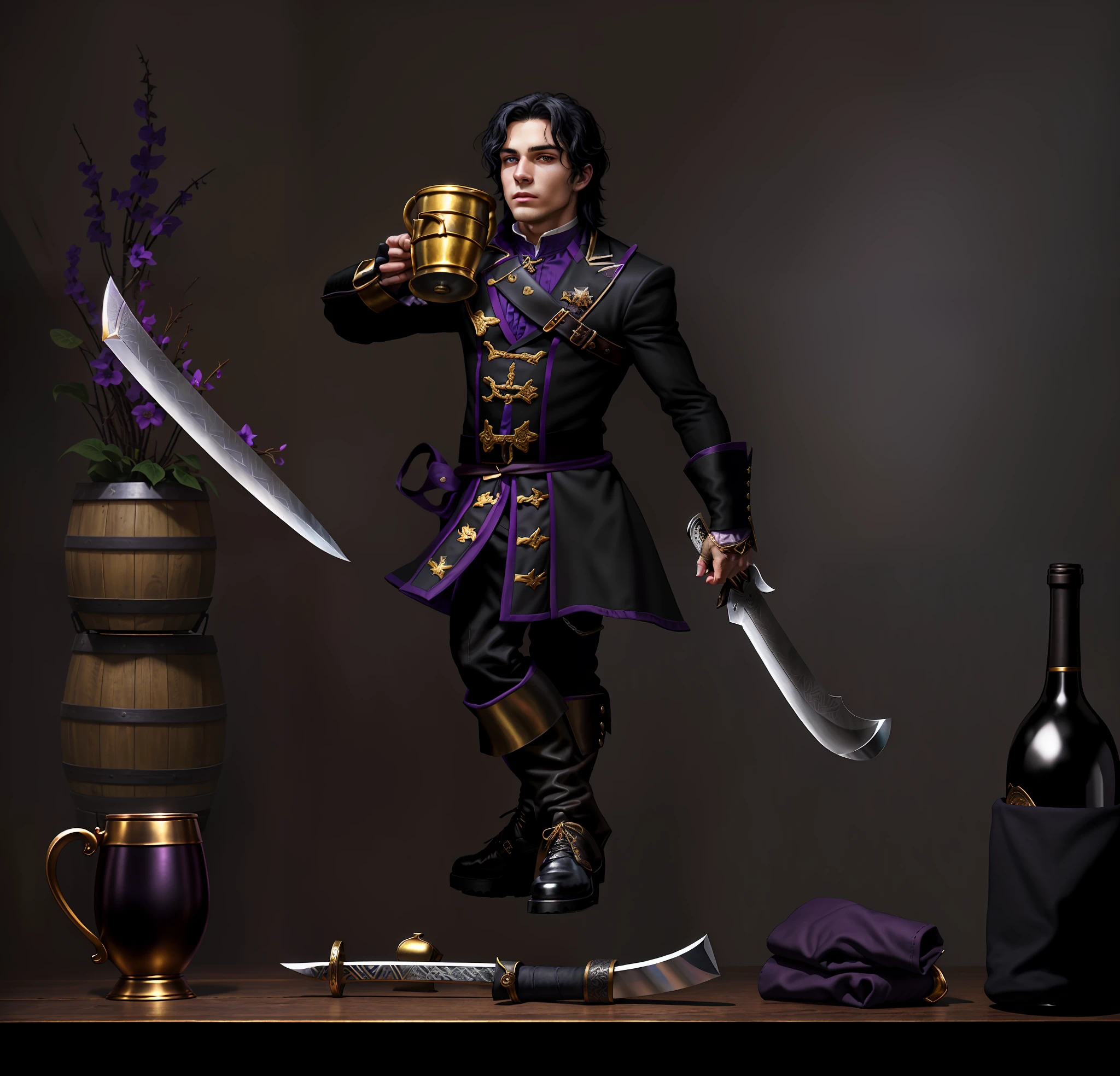 Young man, handsome face, ager, white skin, lips dirty with wine, straight black hair stuck, noble clothes of black and violet fabric with golden cufflinks, wears leather gloves and high-top leather boots, is holding a metal mug with wine pouring, there is a sheath for his sword at the waist, he holds a silver scimitar in his hand