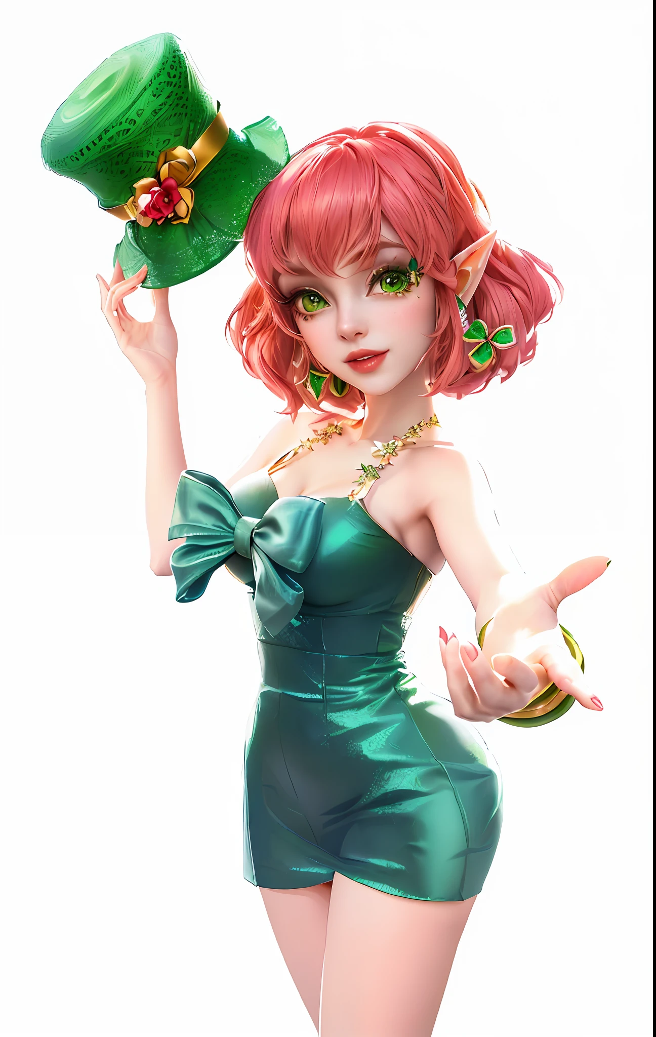 a close up of a woman in a green dress and a green hat, render of april, pixie character, elf girl, 3 d render official art, render of a cute 3d anime girl, 3 d render character art 8 k, 3 d render stylized, official character art, toon render keyshot, burlesque elf, elf girl wearing an flower suit