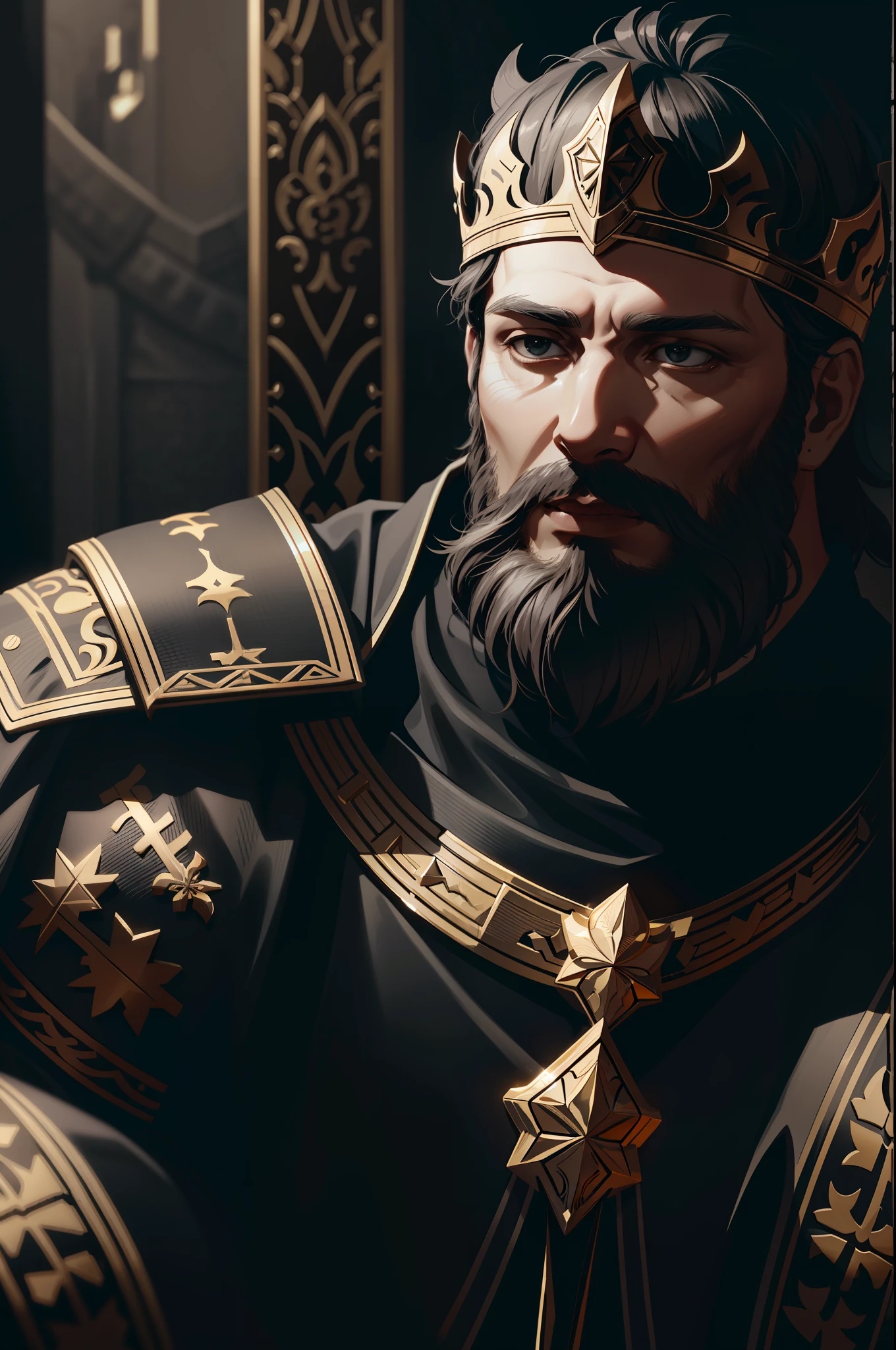 best quality, 500px, cgsociety, 8k, raw photo of (beautiful:1.2) human king, wear king crown, king armor, 40yo, beard, in castle, full body, ambient light, backlight, volumetric lighting, realistic, realistic lighting, cinematic lighting, depth of field, sharp focus, (high contrast:1.2), (film grain)