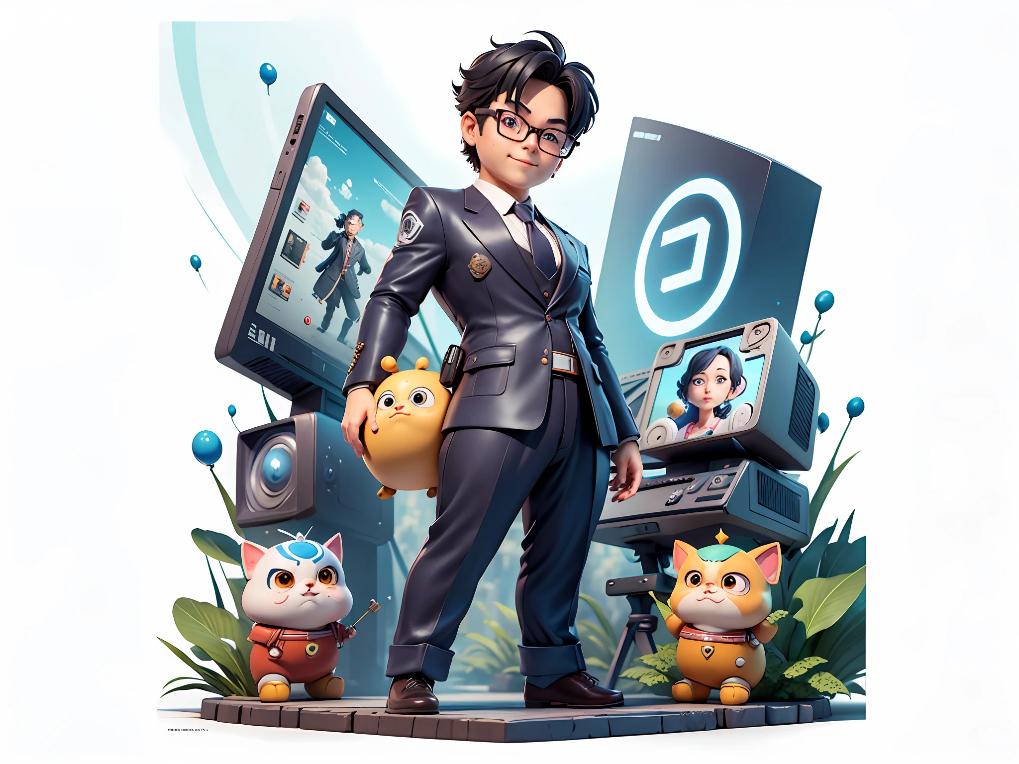 Masterpiece), (Excellent), (Super Meticulous), (Full Body: 1.2), Super Young Woman, Beautiful, Sexy, Bursting, Oriental Face, TV Anchor, Bust Portrait Illustration, Alone, Black Suit, Blue Tie, Silver Glasses, Slightly Chubby Face, Very Clean Face, No Beard, Black Super Short Hair, Black Eyes, Confident Smile, 3c Computer Sub-Products, iPad, iPhone, Digital Painting, 3D Character Design by Akira Toriyama with Mark Claireden and Pixar and Hayao Miyazaki, The illustration is a high-definition illustration in 4K resolution with very detailed facial features and cartoon-style visuals.