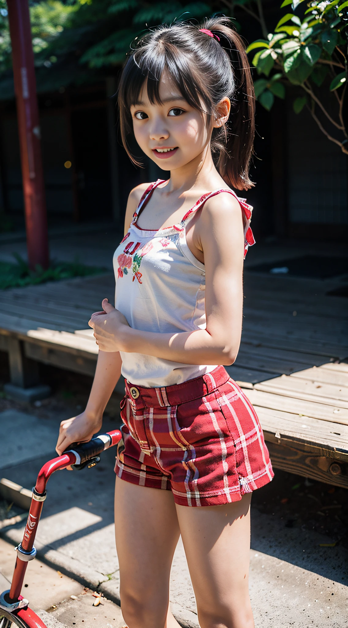 (Best Quality), (Raw Photo), ****, (Japan girls ************), (Cute Childlike Face), (Flat Chest),
cute lips,
dynamic lighting,
laugh
beautiful legs, beautiful thighs,
flat bangs,
pony tails, parks, (ride a unicycle),
(floral sleeveless blouse), (red checked shorts)、