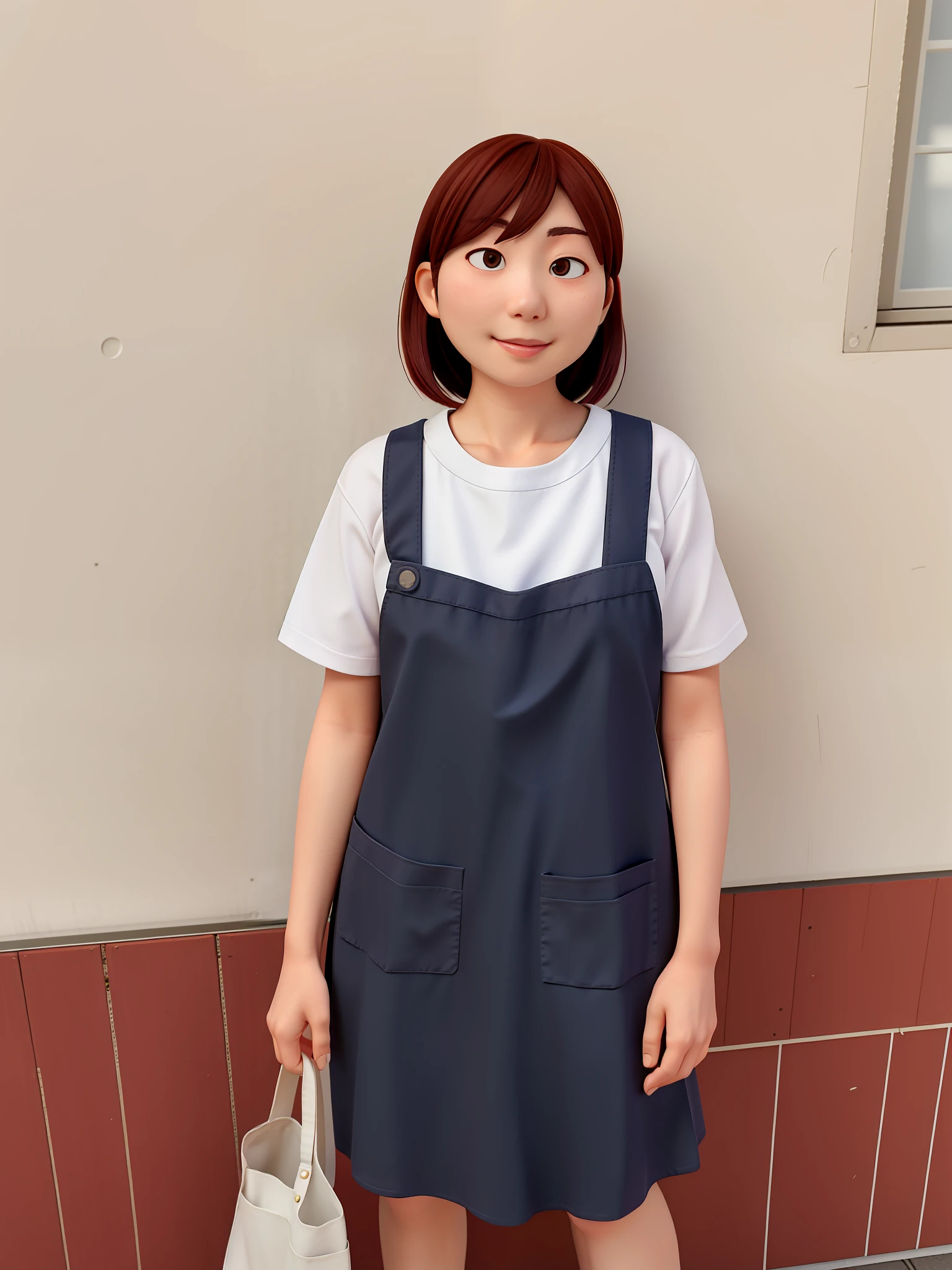 there is a woman standing on a sidewalk with a bag, chiho, wearing an apron, she is wearing a black tank top, white waist apron and undershirt, 奈良美智, long dress with apron, with two front pockets, harumi, nishimiya shouko, white apron, wearing : tanktop