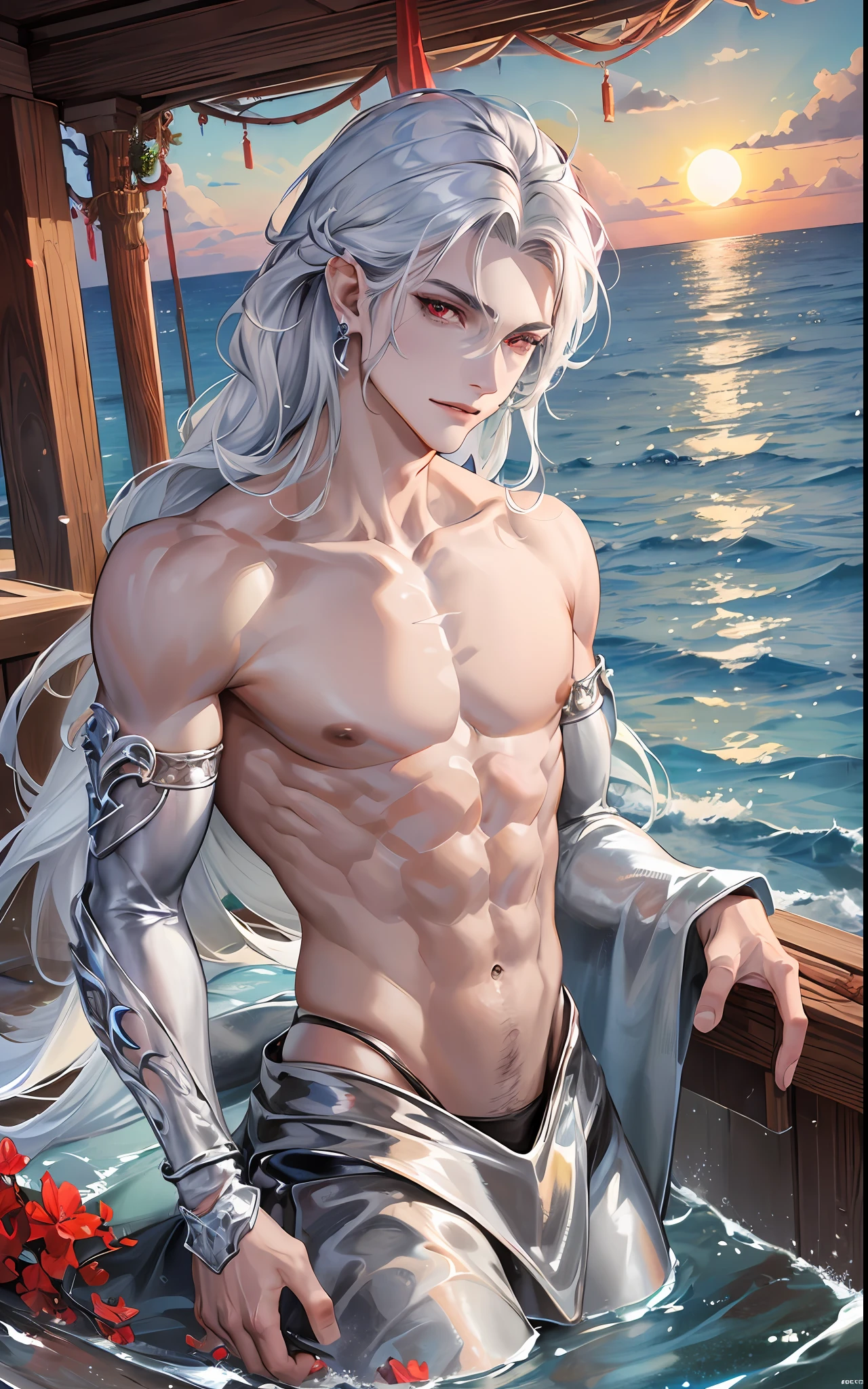 man, masculine, masculine face, attractive, muscular, (((1man))), masterpiece, absurdres, best quality ,intricate details , (shiny skin, shiny body, shiny oily luster skin, shiny hair, pale skintone), Sundown, attractive, ((muscular)), adult, one, earrings, Don't look at the view , Not looking at the view, silver hair, braided hair, perfect detailed face, perfect detailed hands, triton, fins, red eyes, triton ears, ((MLS)), smirk, medium large shoot, marine ornaments, sea in the background, ((in the water))