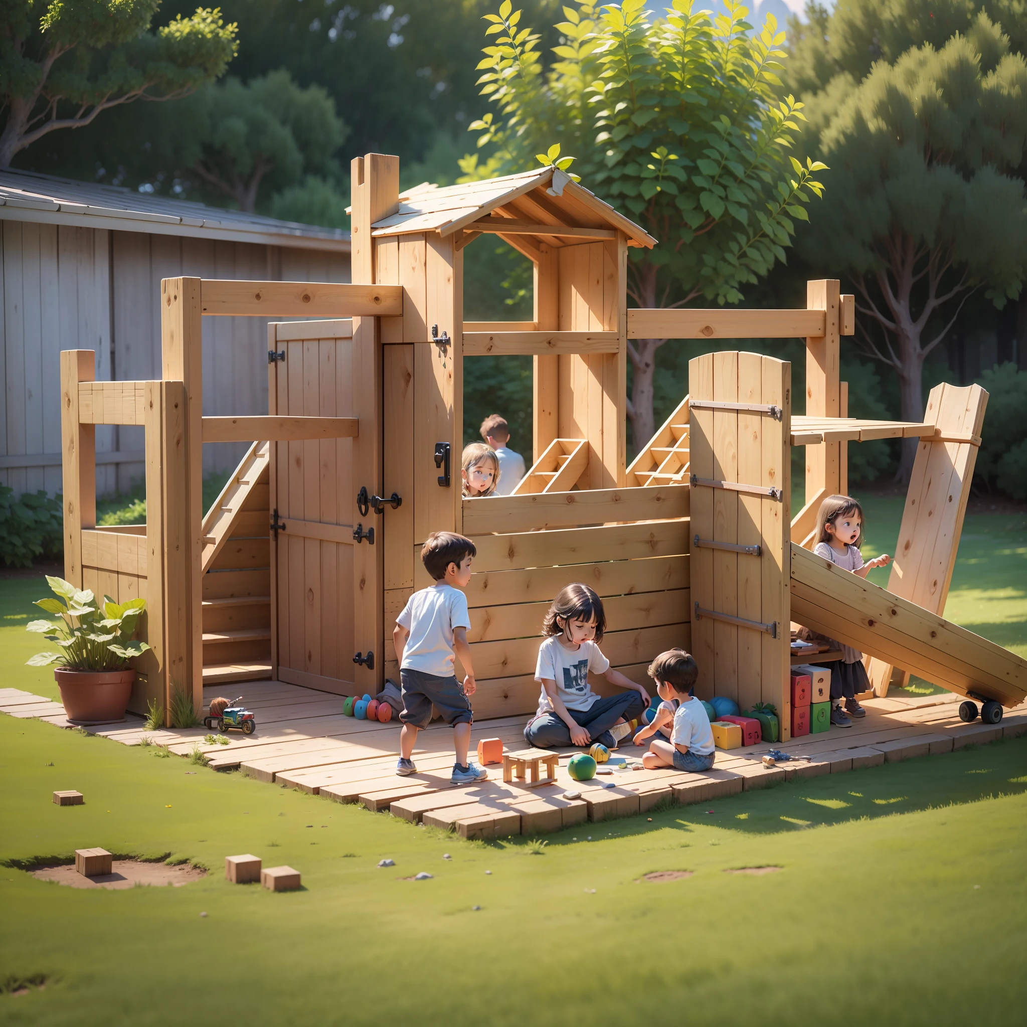Create an image of children building a wooden fortress in a spacious backyard, with realistic details that portray the fun and imagination involved in the activity.best quality,very detailed,ultra realistic 8k --auto --s2