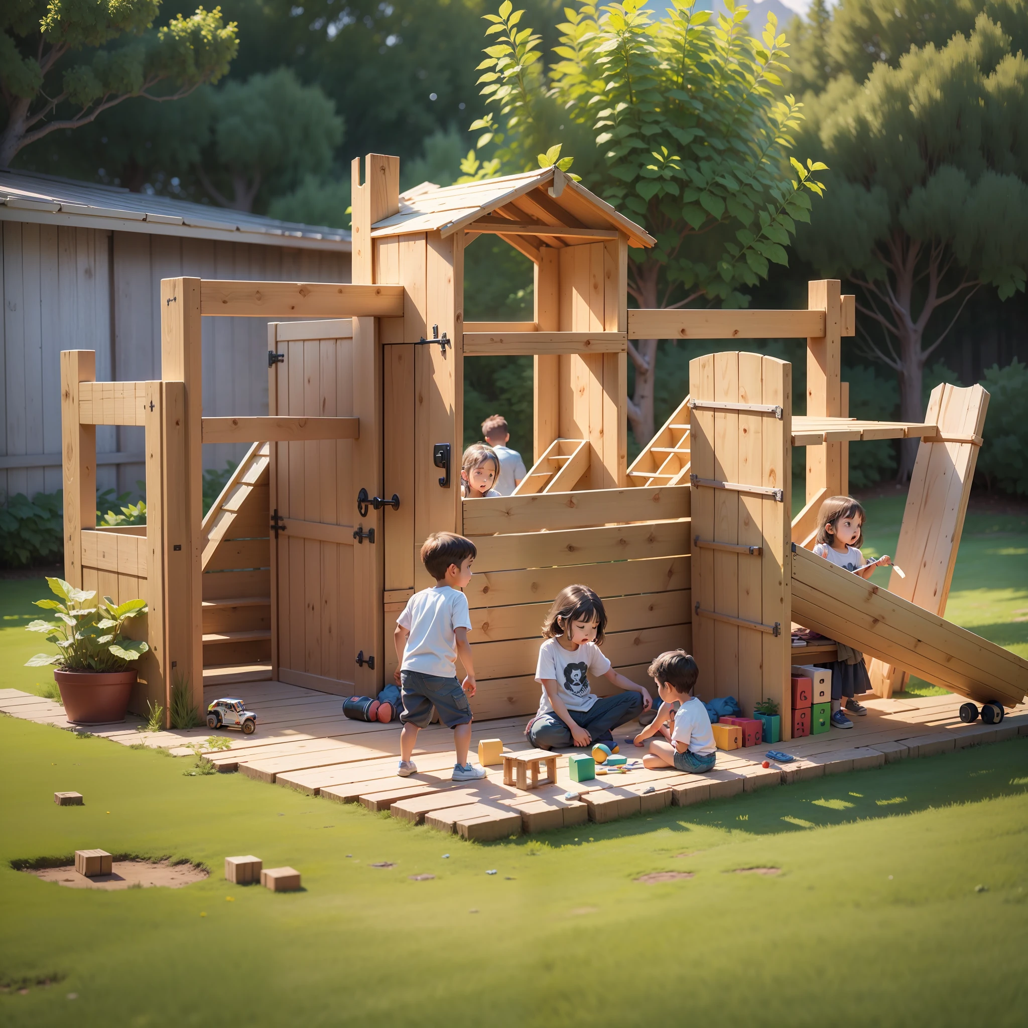 Create an image of children building a wooden fortress in a spacious backyard, with realistic details that portray the fun and imagination involved in the activity.best quality,very detailed,ultra realistic 8k --auto --s2