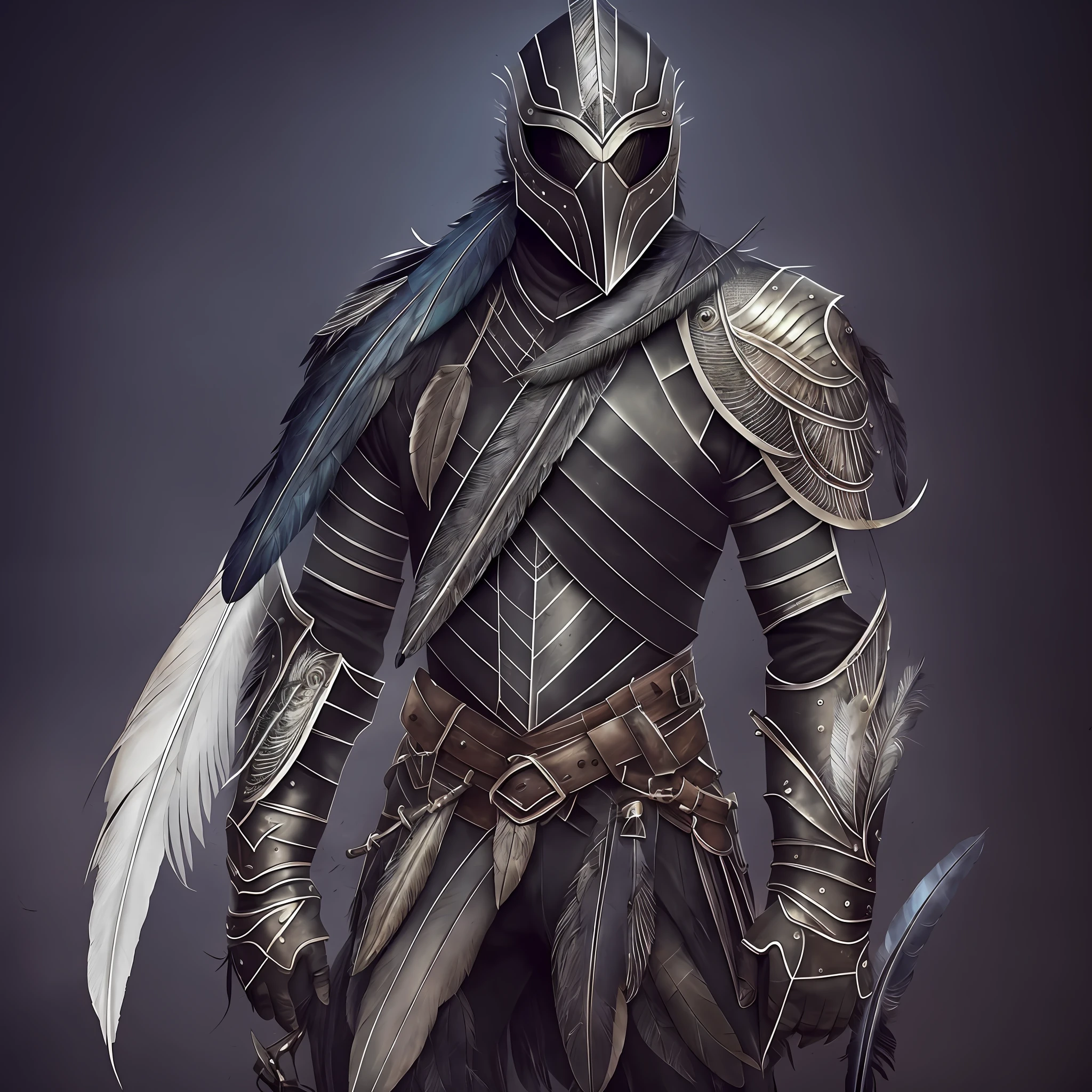 "Híbrido de humano e corvo, com armadura",(full HD,high quality,realistic art style),darkness,moonlight,strong and bold,(metal armor:1.2),(feather armor:1.4),(black feathers),piercing eyes,menacing look,wet,black background,emo pose. --auto --s2