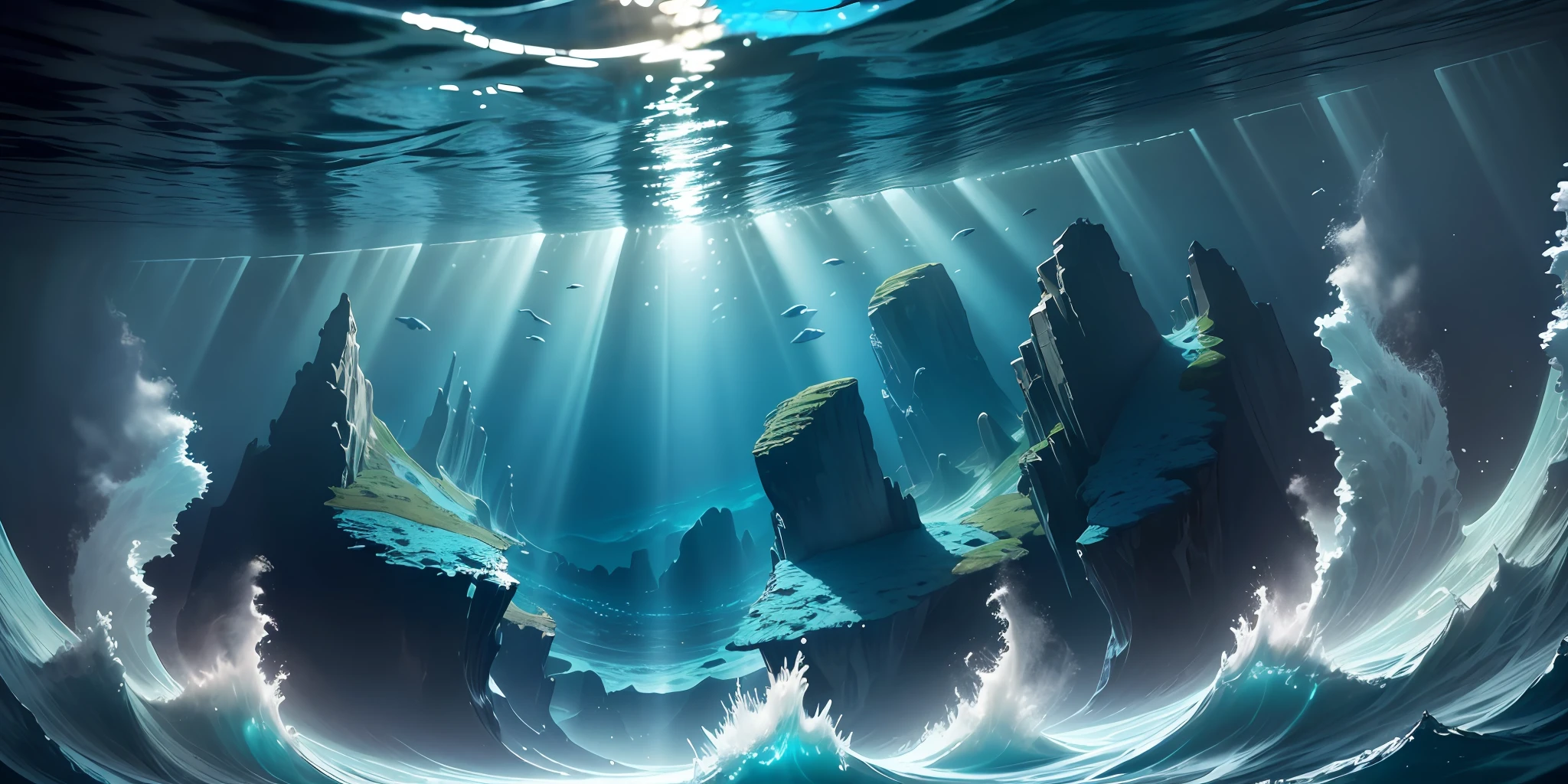 a view of the ocean with sunlight shining through the water, incredible depth, underwater perspective, under water visual distortion, deep sea landscape, underwater looking up, amazing depth, under water, undersea, underwater view, deep sea ambience, underwater ocean, middle of the ocean, bottom of ocean, sea underneath, deep underwater scene, light rays from the surface --auto --s2