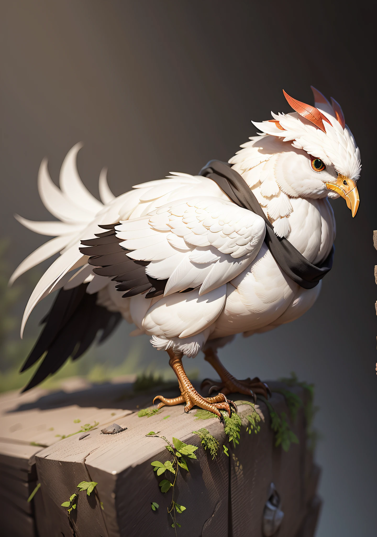 White chicken in RPG style (realistic), with a black scarf around the neck