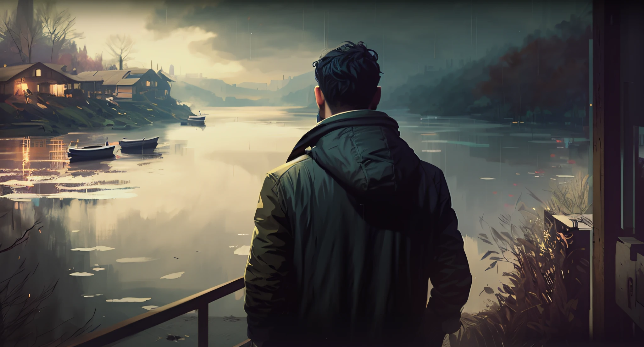 there is a man standing on a balcony looking at a lake, emotional concept art, artwork in the style of guweiz, cinematic digital painting, cinematic painting, inspired by Raymond Leech, painted by andreas rocha, background artwork, male art, cinematic beeple, andreas rocha style, 2020 video game screenshot, moody emotional cinematic