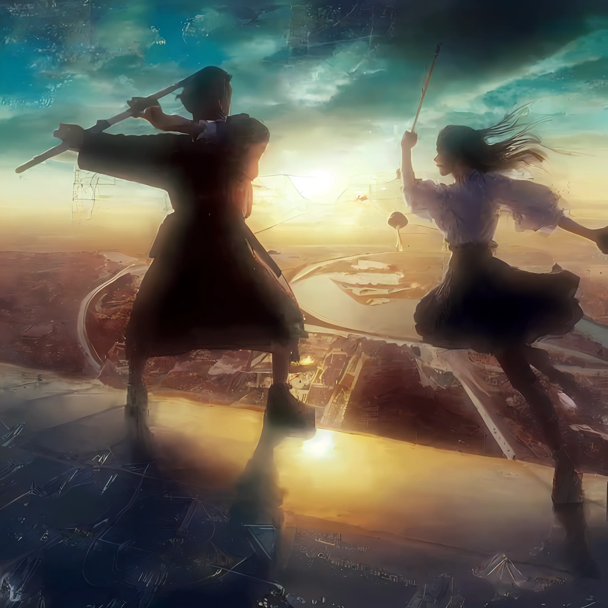 Imagine an epic scene unfolding atop a metallic airship. As the backdrop, the bustling city of Tokyo, skyscrapers reaching towards the heavens. Standing on the deck is a young woman, aged around 20, donned in a white blouse and black skirt. In her hand, she wields a violin bow, brandishing it like a sword. Her body language is full of dynamism, as if she's charging forward, fearlessly making her stand.

Across from her stands Leonardo da Vinci, a figure of the Renaissance period. He is garbed in traditional Italian Renaissance attire, holding a large bow, poised to counter her attacks.

The air around them is alive with luminescent equations and mathematical graphs, hovering like augmented reality symbols, adding a technological and mystical flair to the scene. These equations and graphs glow, creating optical spatial effects that add another layer of complexity to the image.

The setting sun paints the sky with hues of crimson and gold, casting long shadows and bathing the subjects in a warm glow. The river below reflects the same sunset, creating a breathtaking mirror image. Majestic clouds stretch across the skyline, further enhancing the grandeur of the scene.

The evening light illuminates both the woman and Leonardo, highlighting their intense duel atop the airship. The sun's rays create an atmosphere of high drama and intensity, each moment captured in the golden hour.