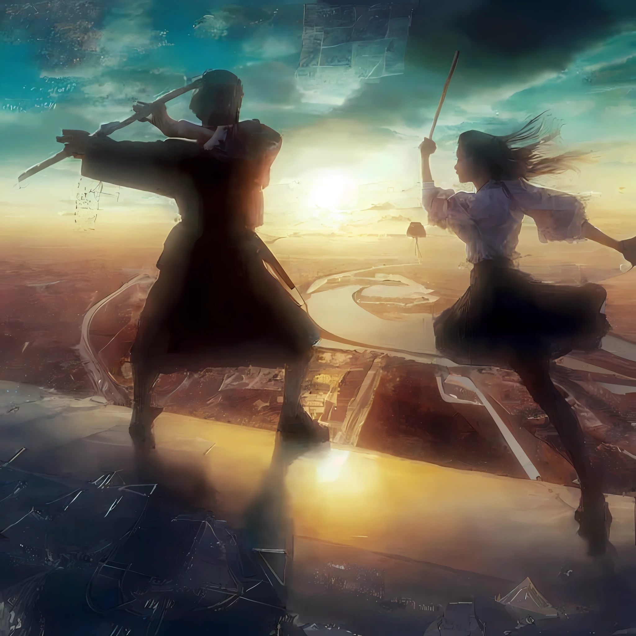 Imagine an epic scene unfolding atop a metallic airship. As the backdrop, the bustling city of Tokyo, skyscrapers reaching towards the heavens. Standing on the deck is a young woman, aged around 20, donned in a white blouse and black skirt. In her hand, she wields a violin bow, brandishing it like a sword. Her body language is full of dynamism, as if she's charging forward, fearlessly making her stand.

Across from her stands Leonardo da Vinci, a figure of the Renaissance period. He is garbed in traditional Italian Renaissance attire, holding a large bow, poised to counter her attacks.

The air around them is alive with luminescent equations and mathematical graphs, hovering like augmented reality symbols, adding a technological and mystical flair to the scene. These equations and graphs glow, creating optical spatial effects that add another layer of complexity to the image.

The setting sun paints the sky with hues of crimson and gold, casting long shadows and bathing the subjects in a warm glow. The river below reflects the same sunset, creating a breathtaking mirror image. Majestic clouds stretch across the skyline, further enhancing the grandeur of the scene.

The evening light illuminates both the woman and Leonardo, highlighting their intense duel atop the airship. The sun's rays create an atmosphere of high drama and intensity, each moment captured in the golden hour.