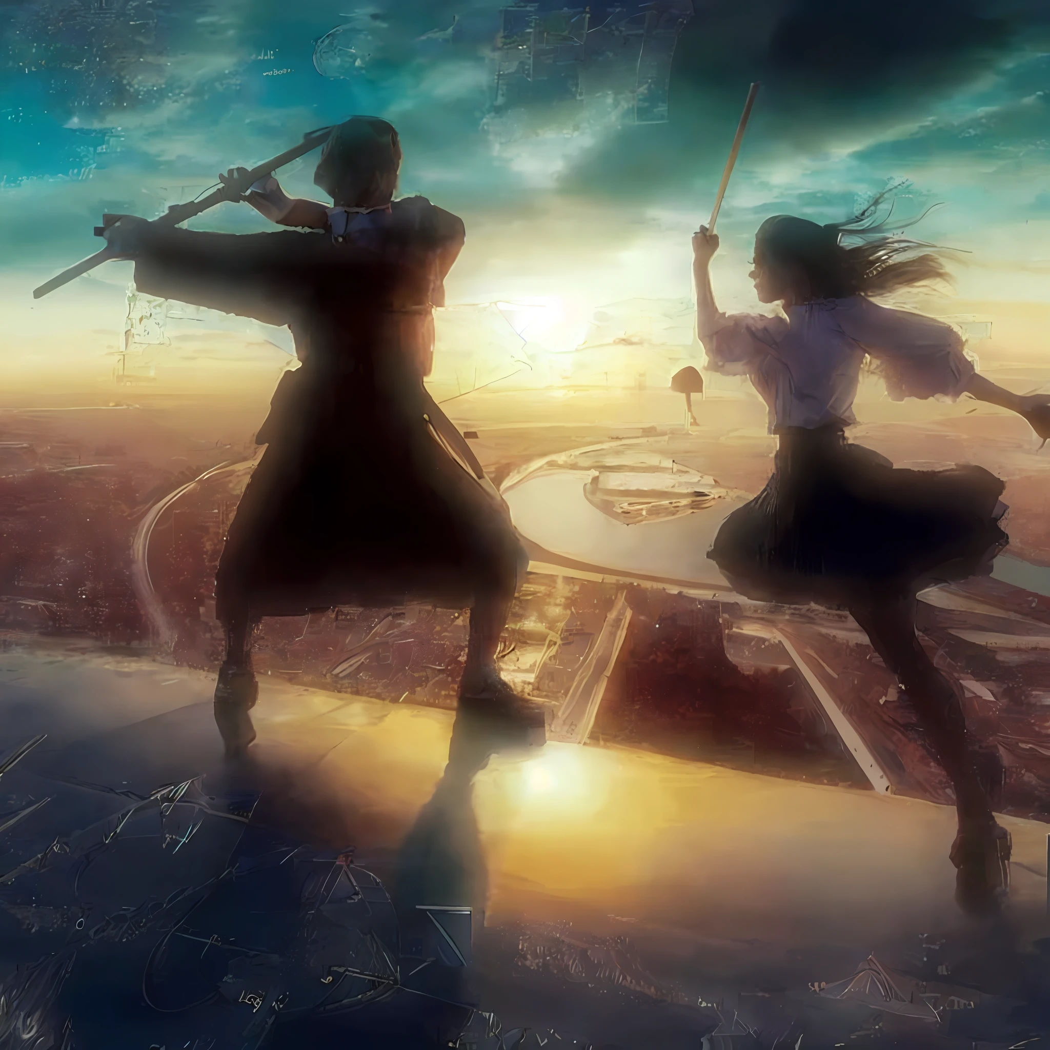 Imagine an epic scene unfolding atop a metallic airship. As the backdrop, the bustling city of Tokyo, skyscrapers reaching towards the heavens. Standing on the deck is a young woman, aged around 20, donned in a white blouse and black skirt. In her hand, she wields a violin bow, brandishing it like a sword. Her body language is full of dynamism, as if she's charging forward, fearlessly making her stand.

Across from her stands Leonardo da Vinci, a figure of the Renaissance period. He is garbed in traditional Italian Renaissance attire, holding a large bow, poised to counter her attacks.

The air around them is alive with luminescent equations and mathematical graphs, hovering like augmented reality symbols, adding a technological and mystical flair to the scene. These equations and graphs glow, creating optical spatial effects that add another layer of complexity to the image.

The setting sun paints the sky with hues of crimson and gold, casting long shadows and bathing the subjects in a warm glow. The river below reflects the same sunset, creating a breathtaking mirror image. Majestic clouds stretch across the skyline, further enhancing the grandeur of the scene.

The evening light illuminates both the woman and Leonardo, highlighting their intense duel atop the airship. The sun's rays create an atmosphere of high drama and intensity, each moment captured in the golden hour.